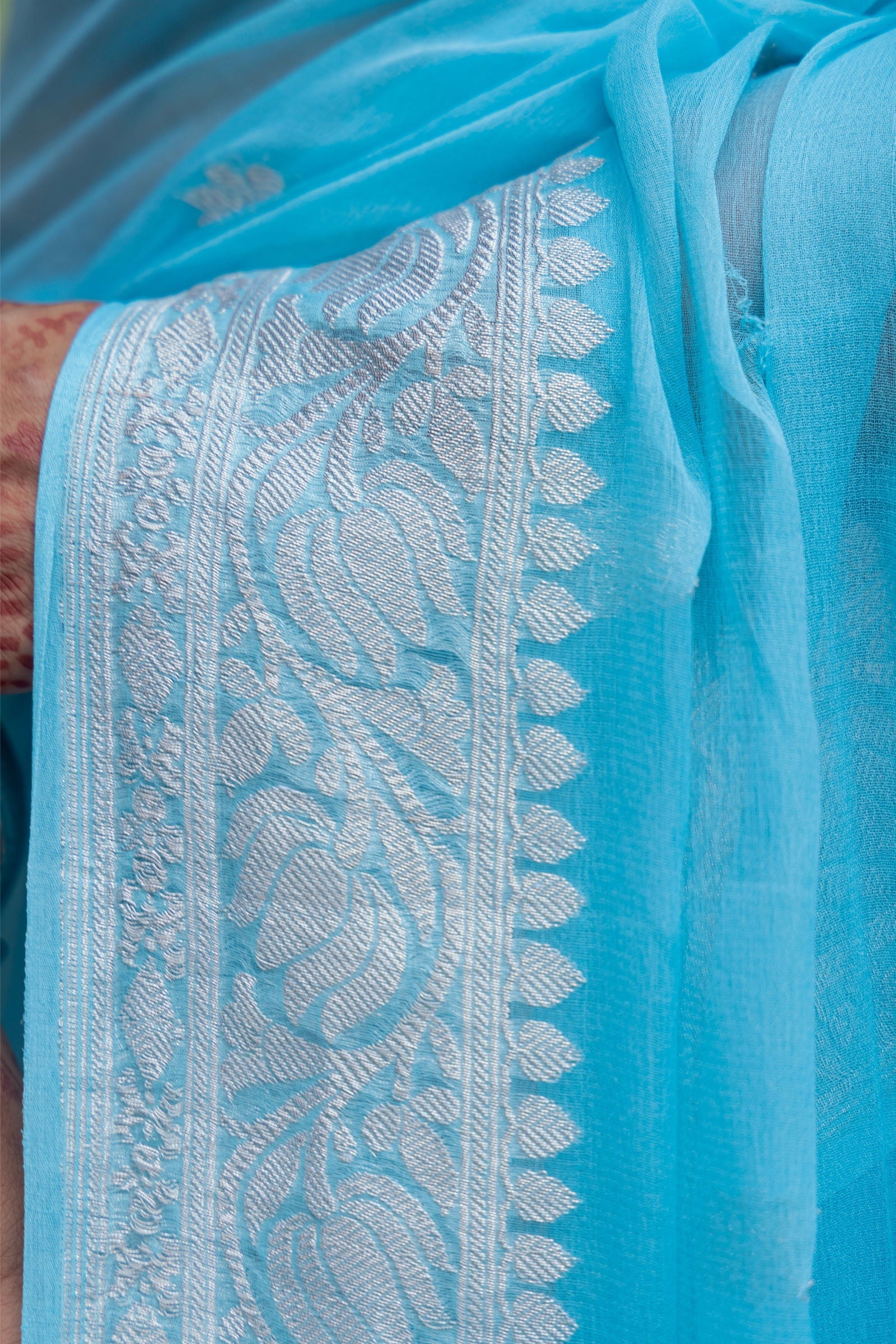 Handloom Sky Blue Pure Khaddi Chiffon Banarsi Saree - Mayrake