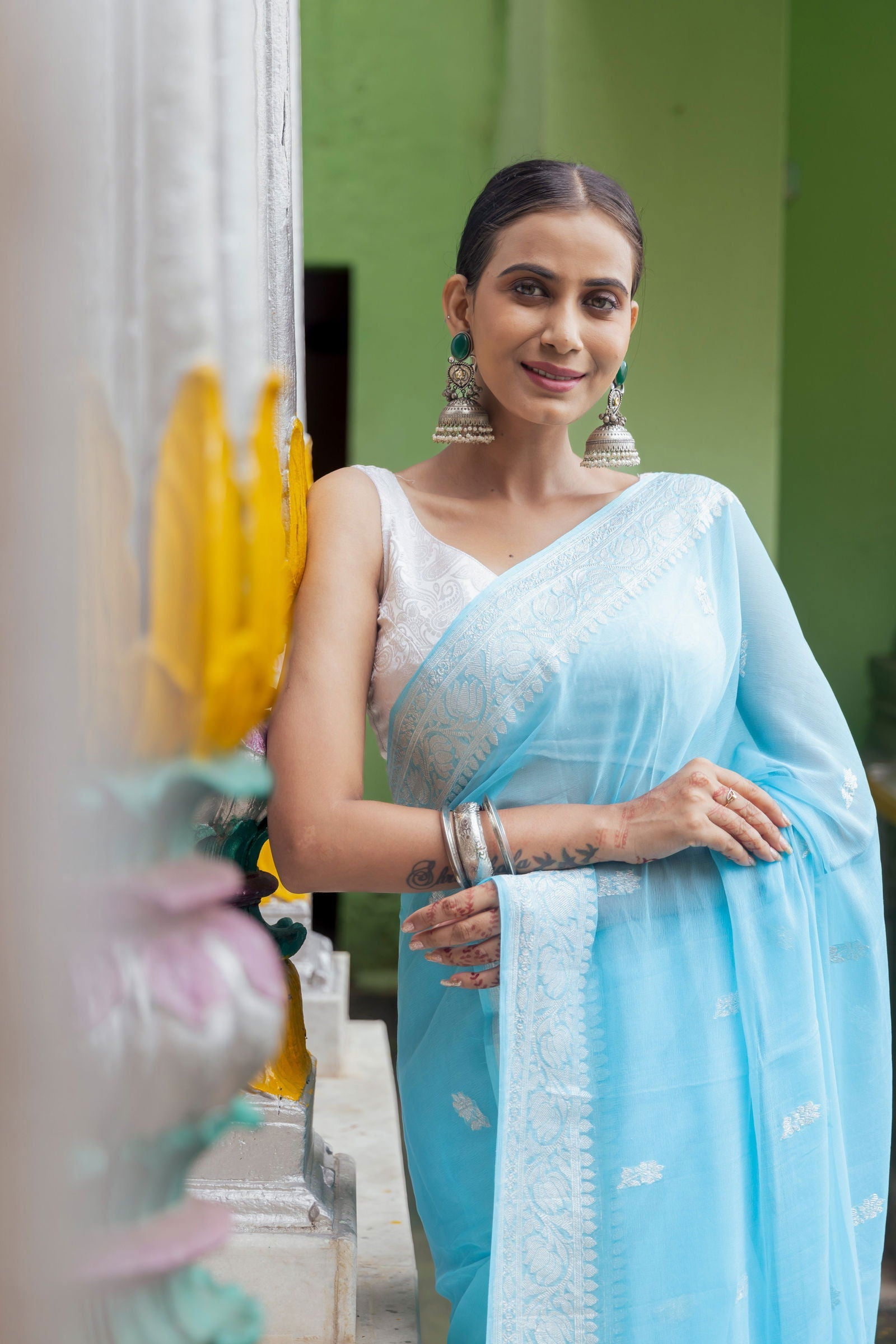 Handloom Sky Blue Pure Khadi Chiffon Banarasi Saree - Mayrake.in