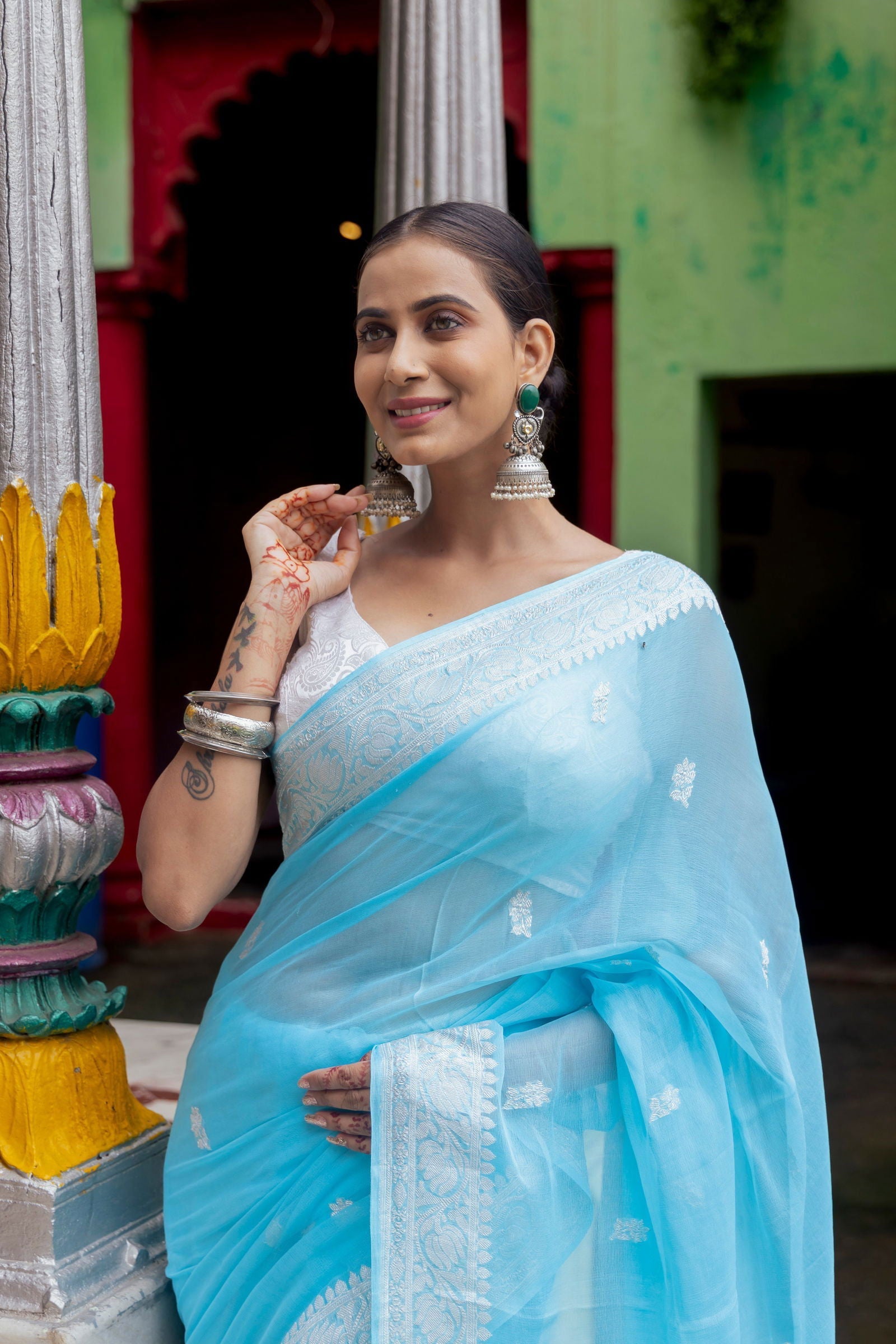 Handloom Sky Blue Pure Khadi Chiffon Banarasi Saree - Mayrake.in