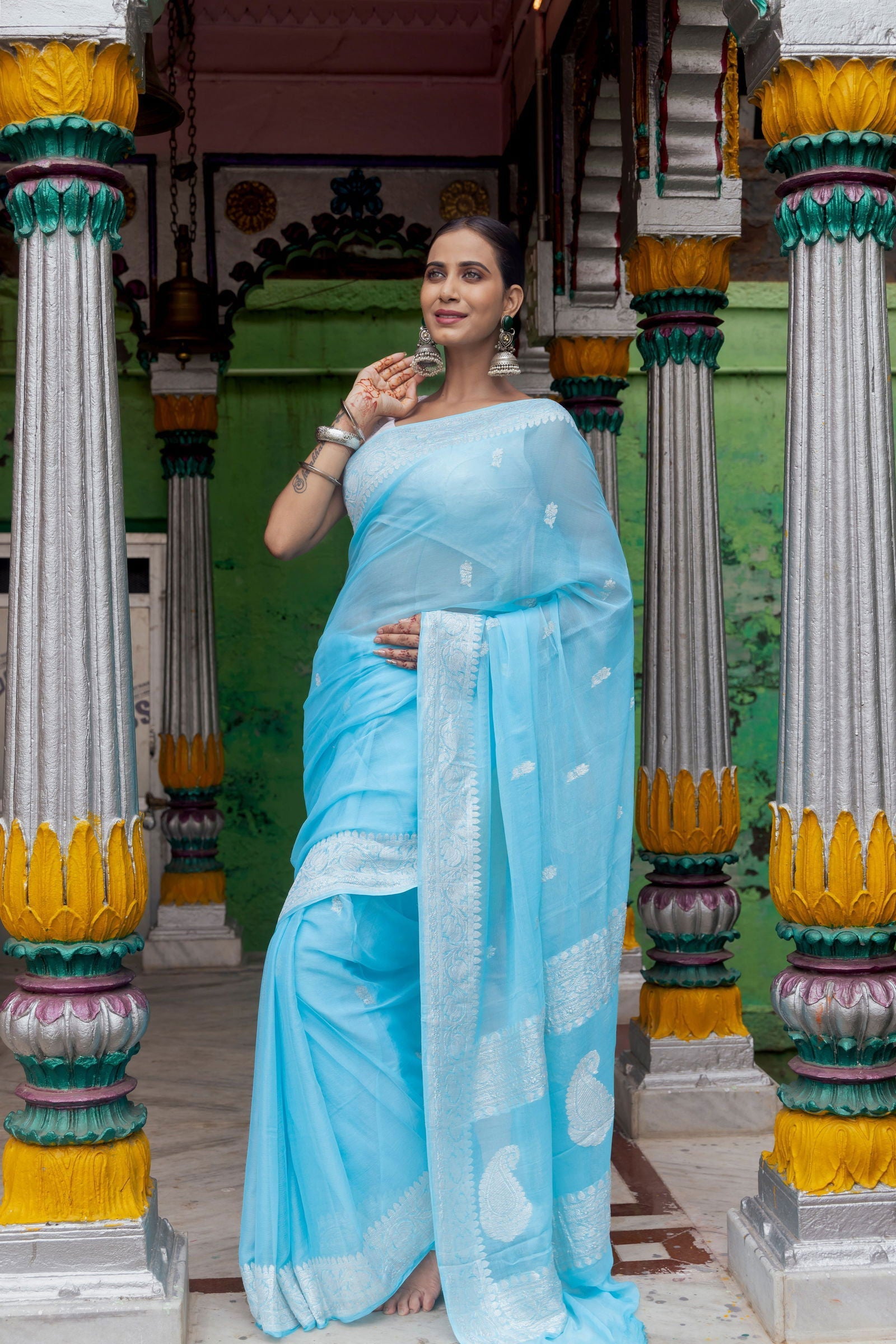 Handloom Sky Blue Pure Khadi Chiffon Banarasi Saree - Mayrake.in