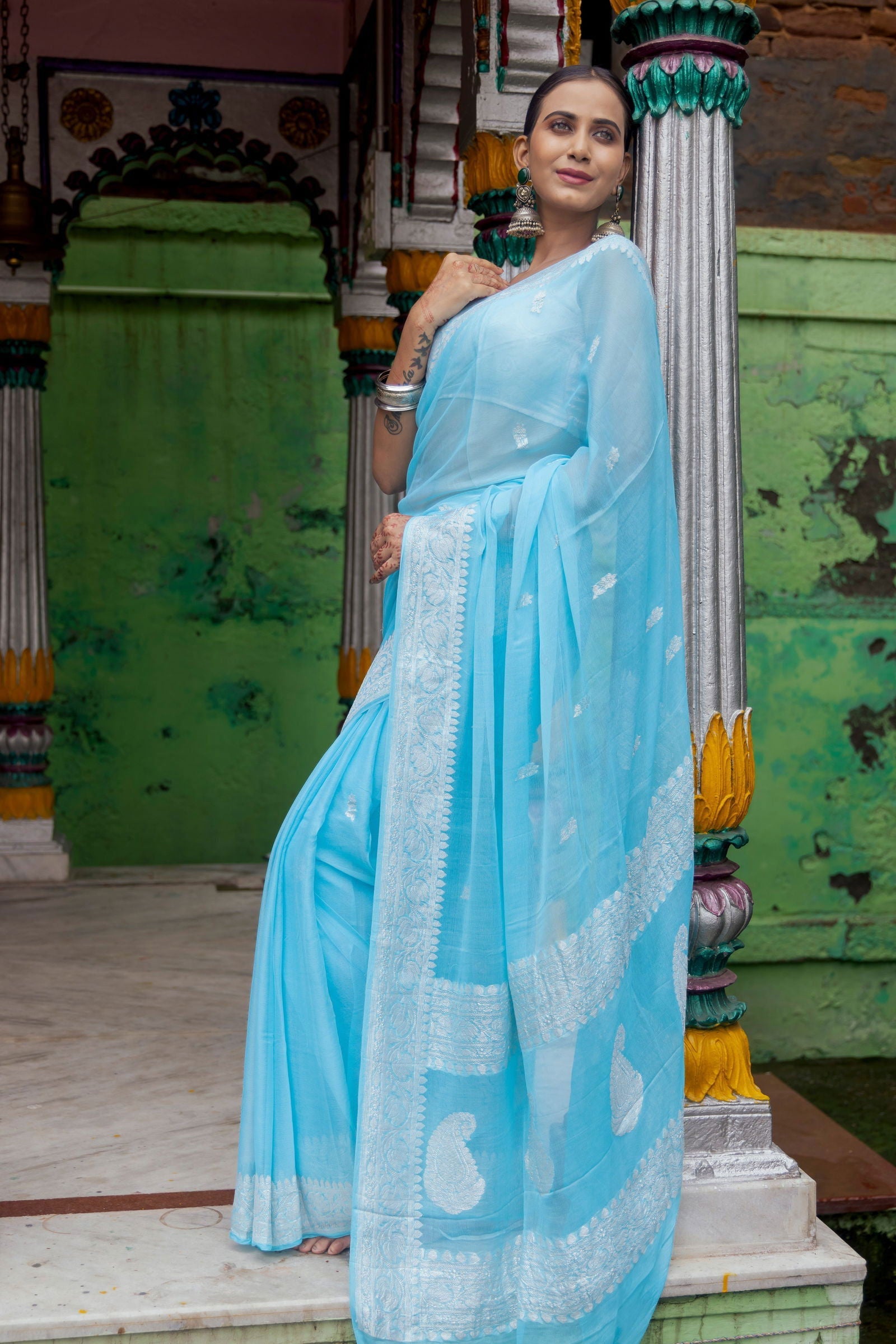 Handloom Sky Blue Pure Khadi Chiffon Banarasi Saree - Mayrake.in