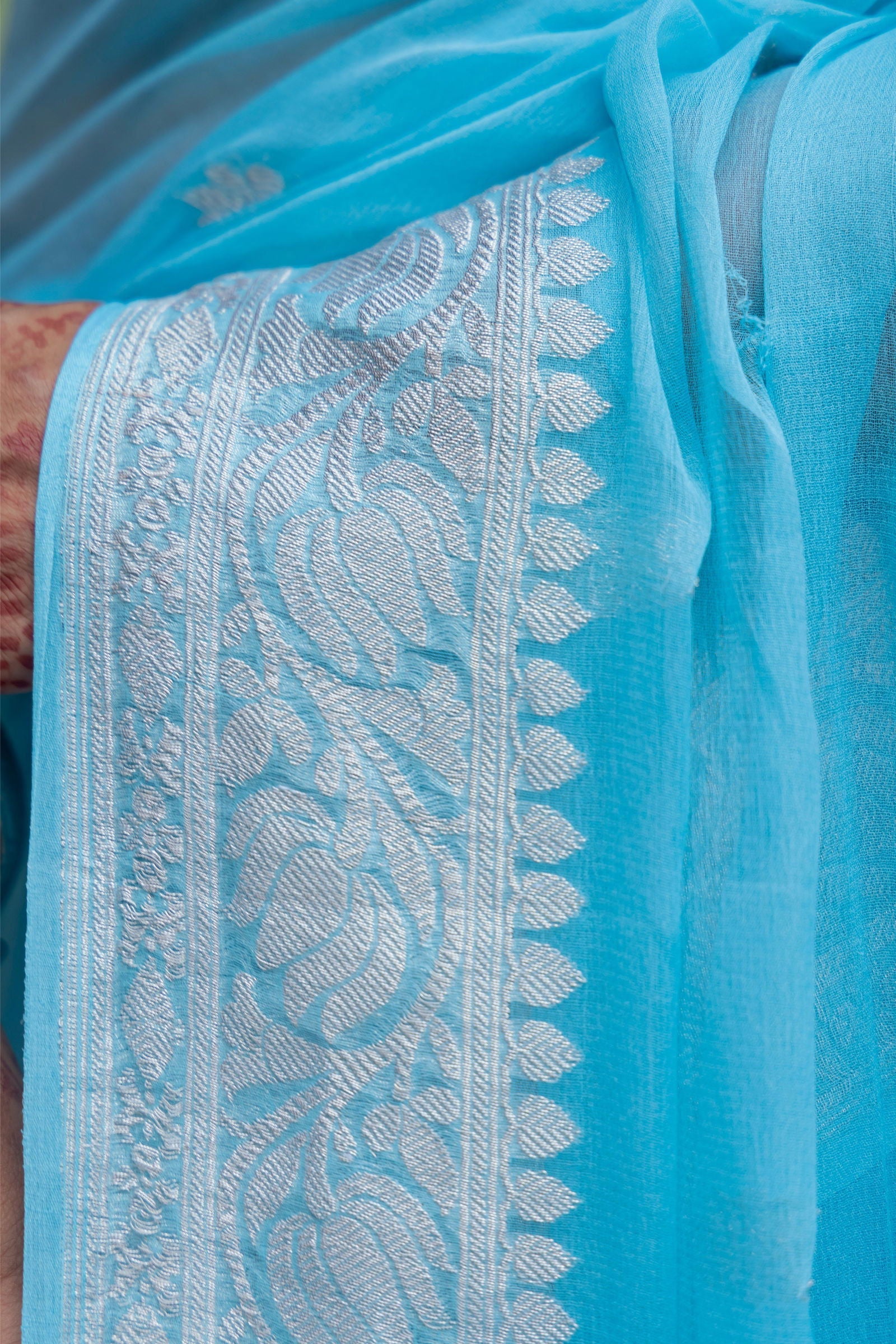 Handloom Sky Blue Pure Khadi Chiffon Banarasi Saree - Mayrake.in