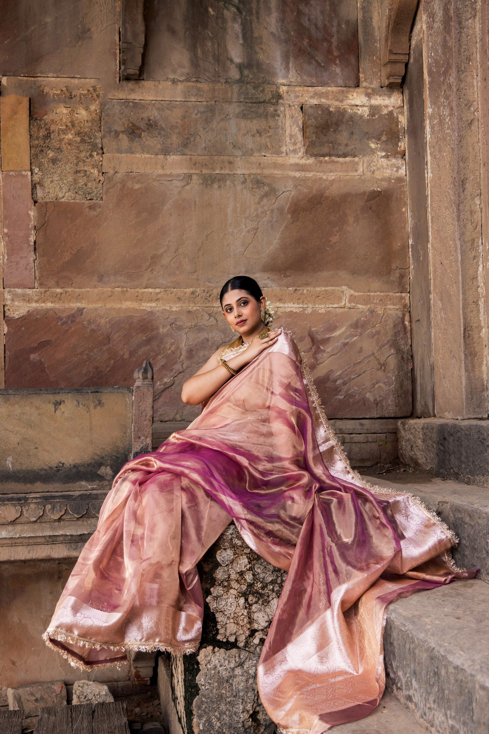 Handloom Wine Red Maroon Dark Brown Pure Katan Tissue Silk Banarsi Saree - Mayrake