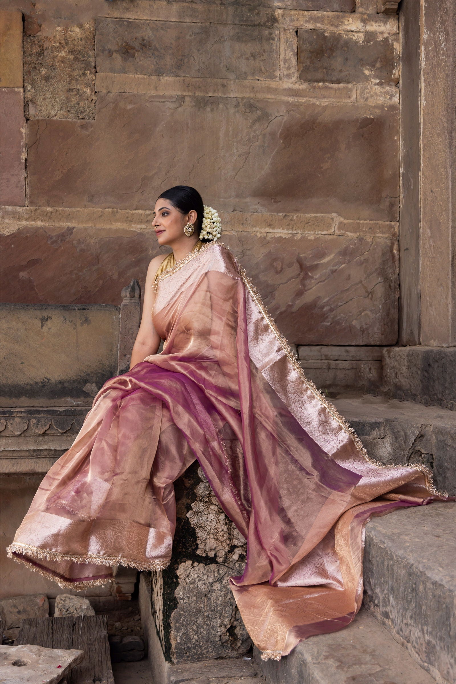 Handloom Wine Red Maroon Dark Brown Pure Katan Tissue Silk Banarsi Saree - Mayrake