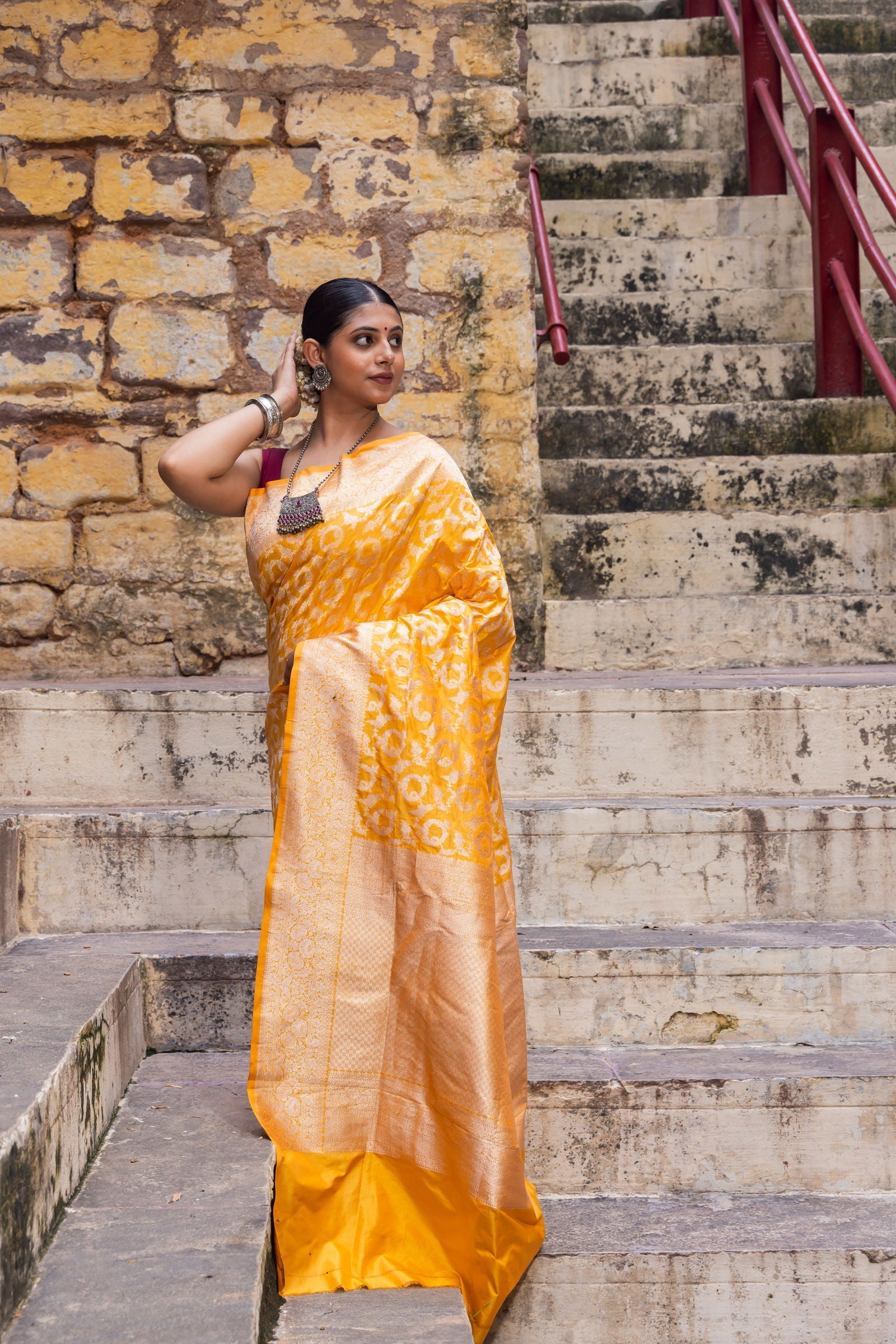 Handloom Yellow Pure Katan Silk Banarsi Saree - Mayrake