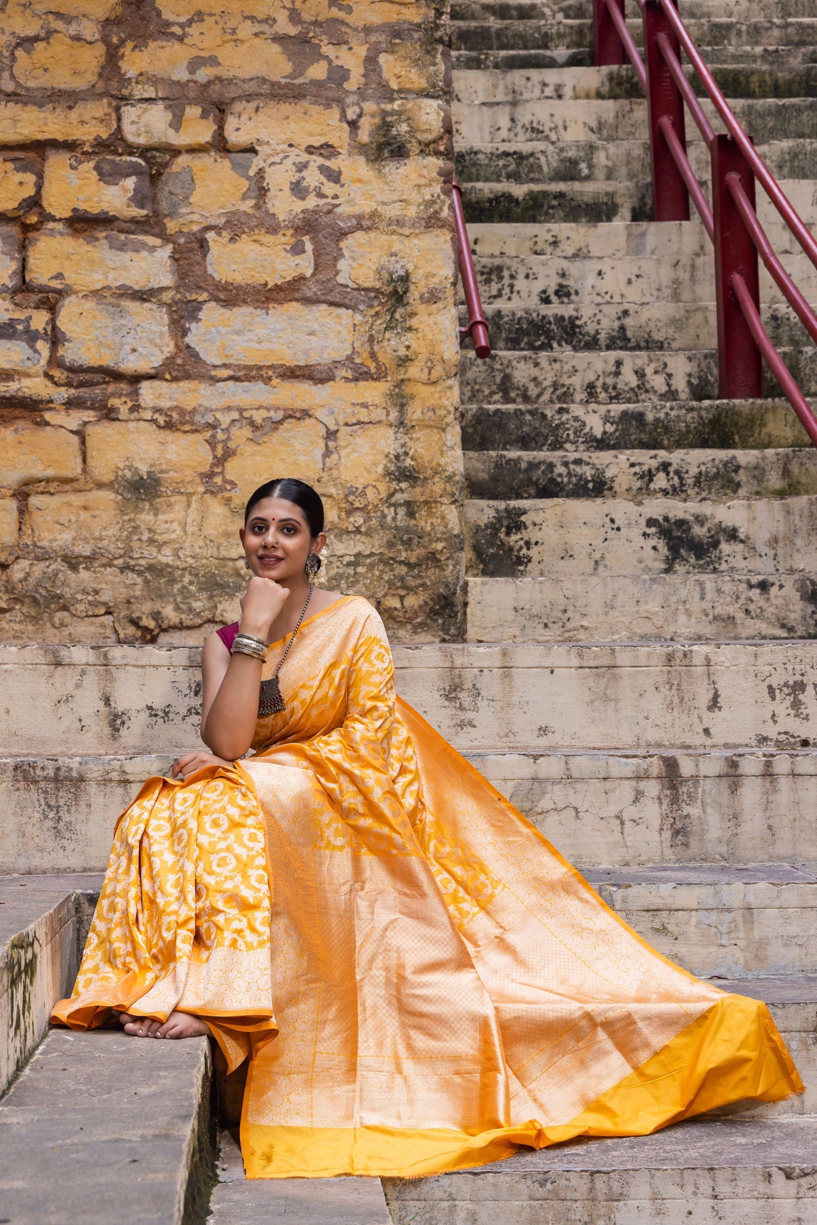 Handloom Yellow Pure Katan Silk Banarsi Saree - Mayrake