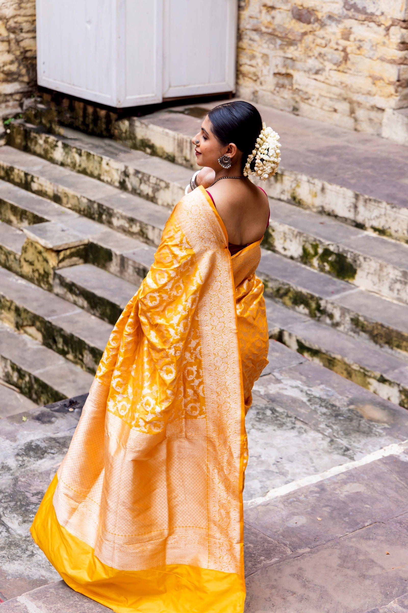 Handloom Yellow Pure Katan Silk Banarsi Saree - Mayrake