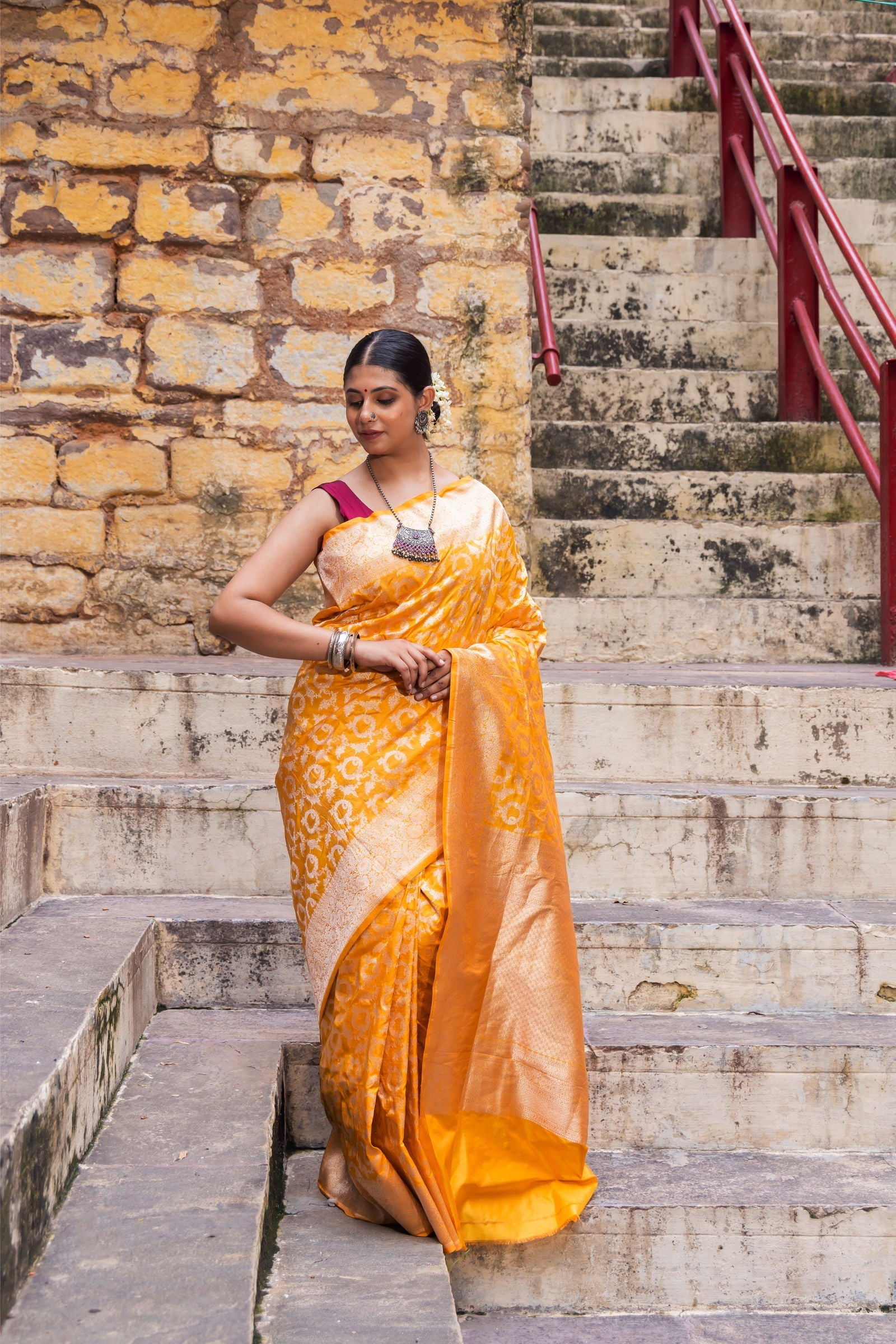 Handloom Yellow Pure Katan Silk Banarsi Saree - Mayrake