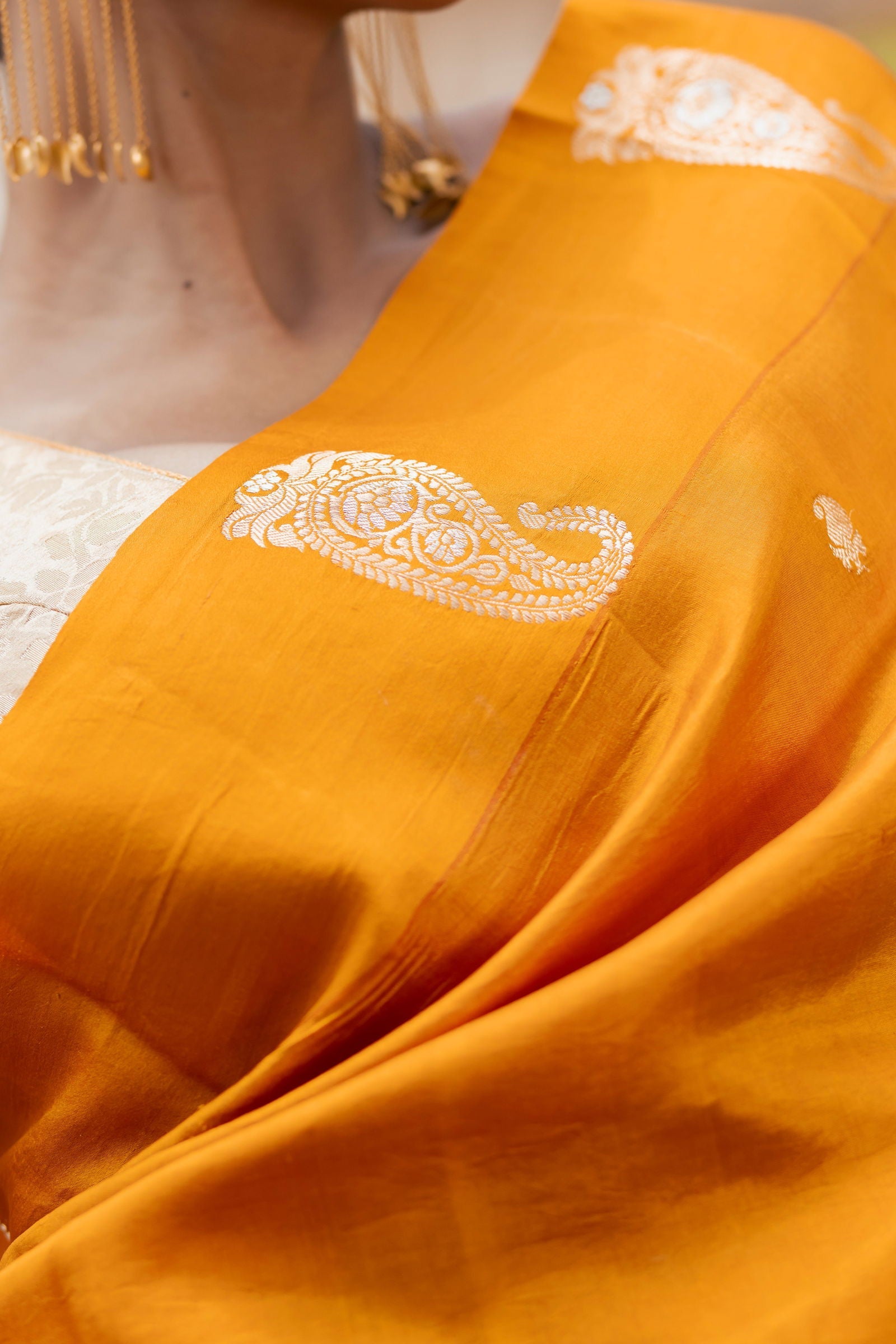 Handloom saffron Yellow Pure Katan Silk Banarsi Saree - Mayrake