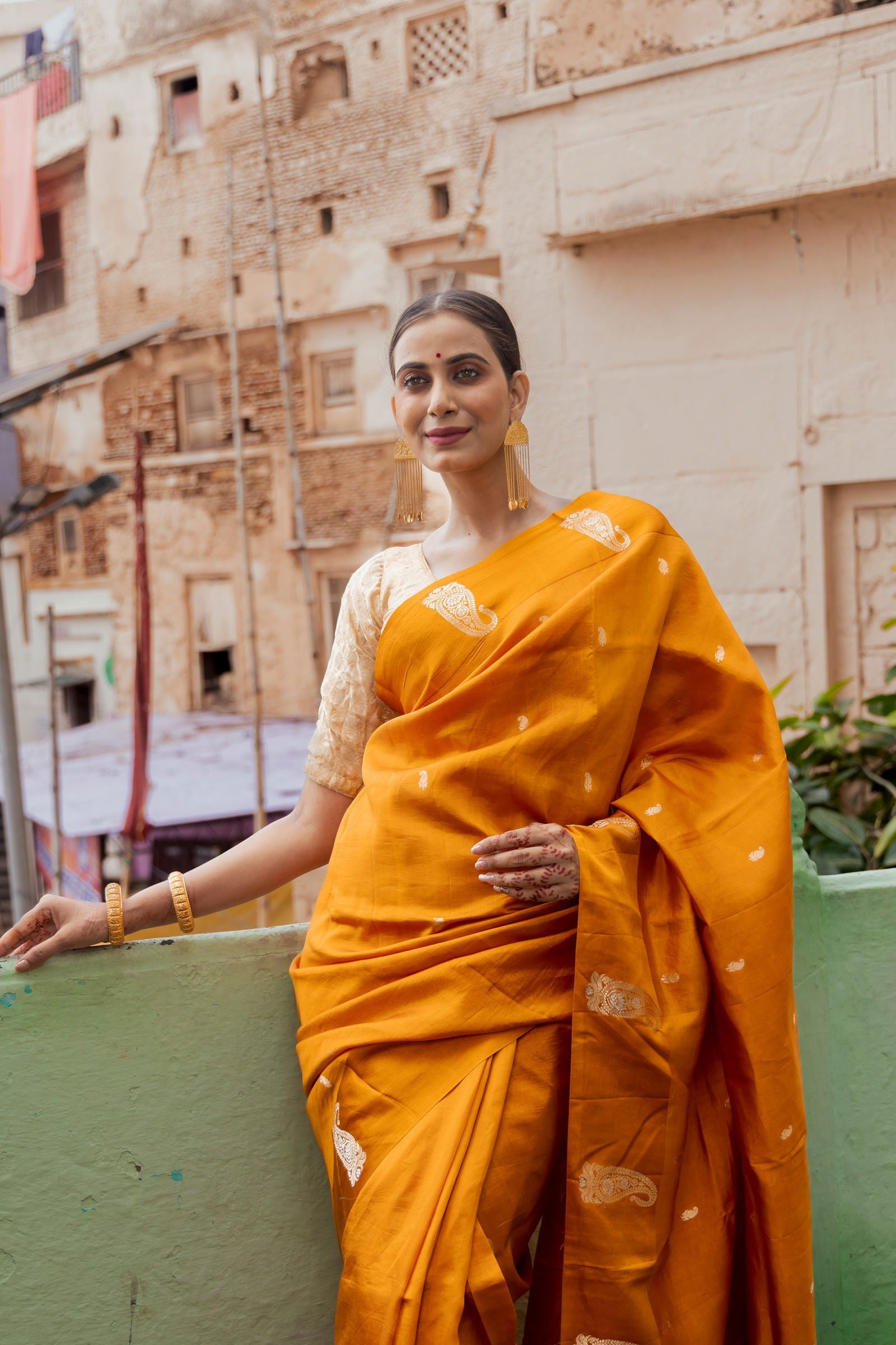 Handloom saffron Yellow Pure Katan Silk Banarsi Saree - Mayrake