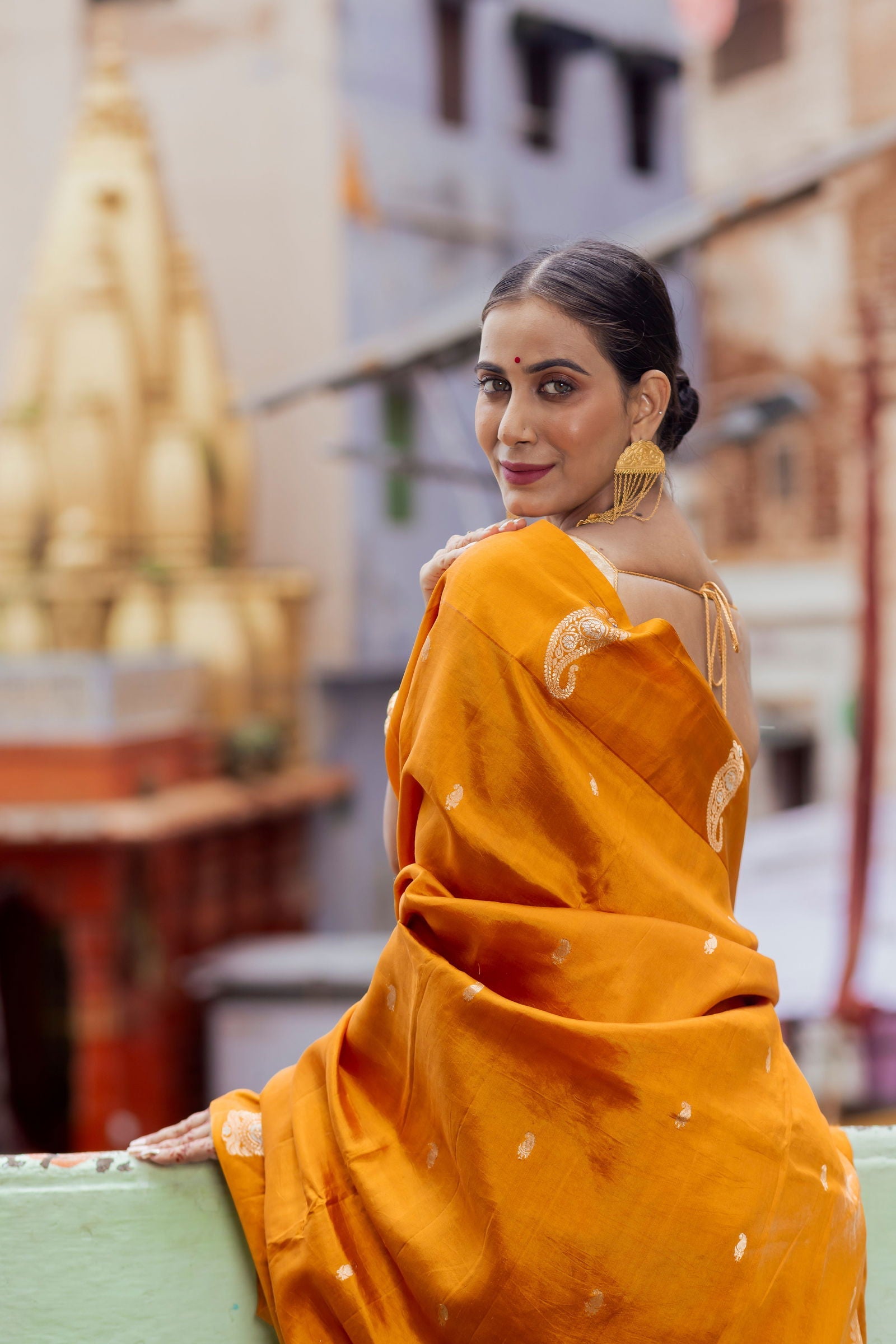 Handloom saffron Yellow Pure Katan Silk Banarsi Saree - Mayrake