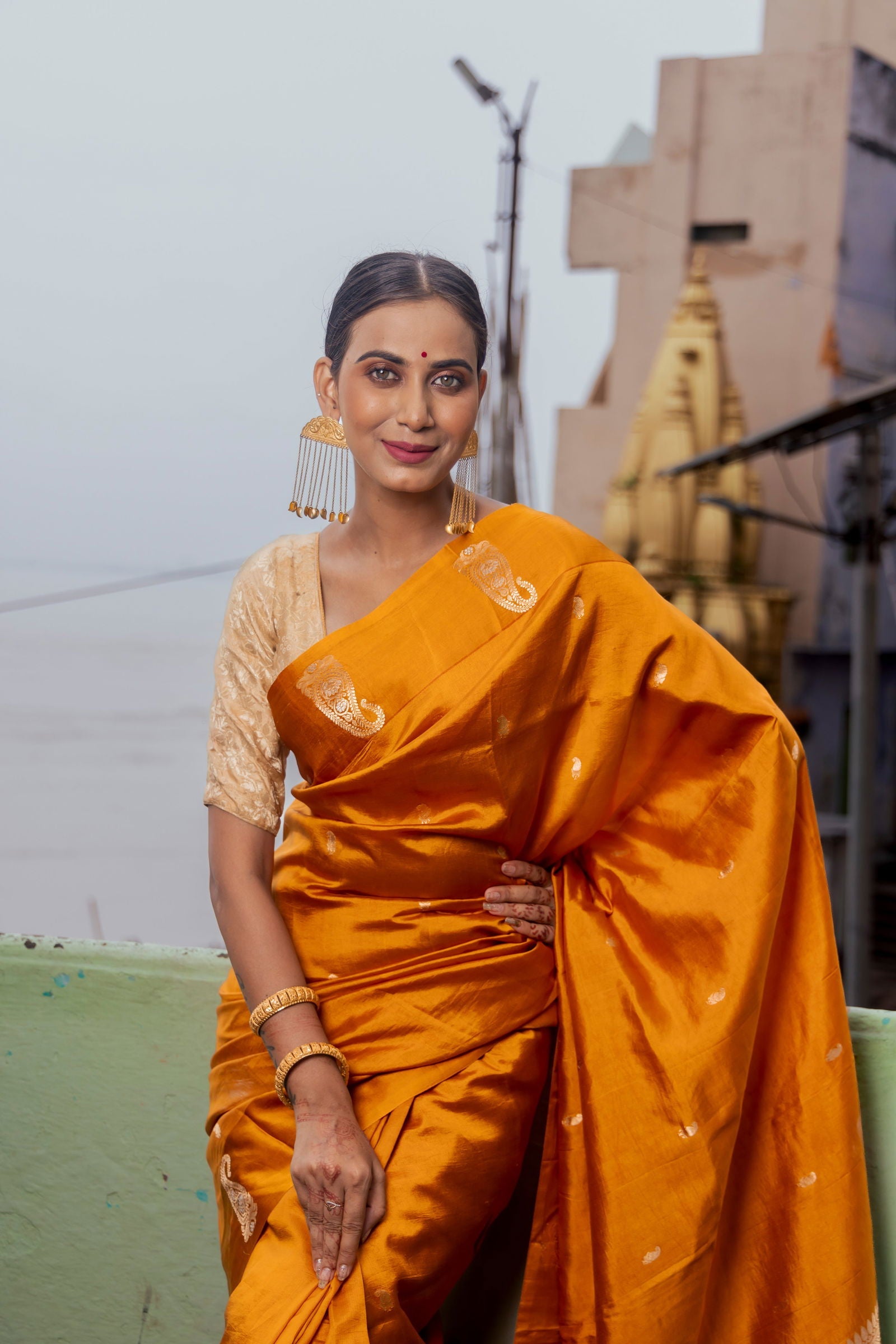 Handloom saffron Yellow Pure Katan Silk Banarsi Saree - Mayrake