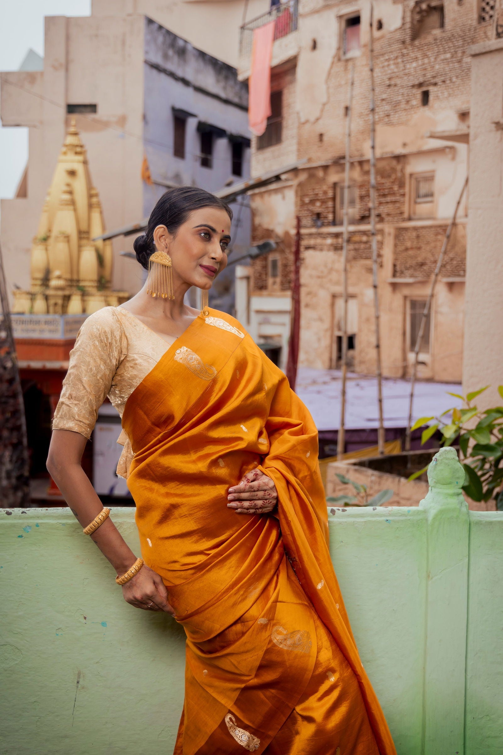 Handloom saffron Yellow Pure Katan Silk Banarsi Saree - Mayrake