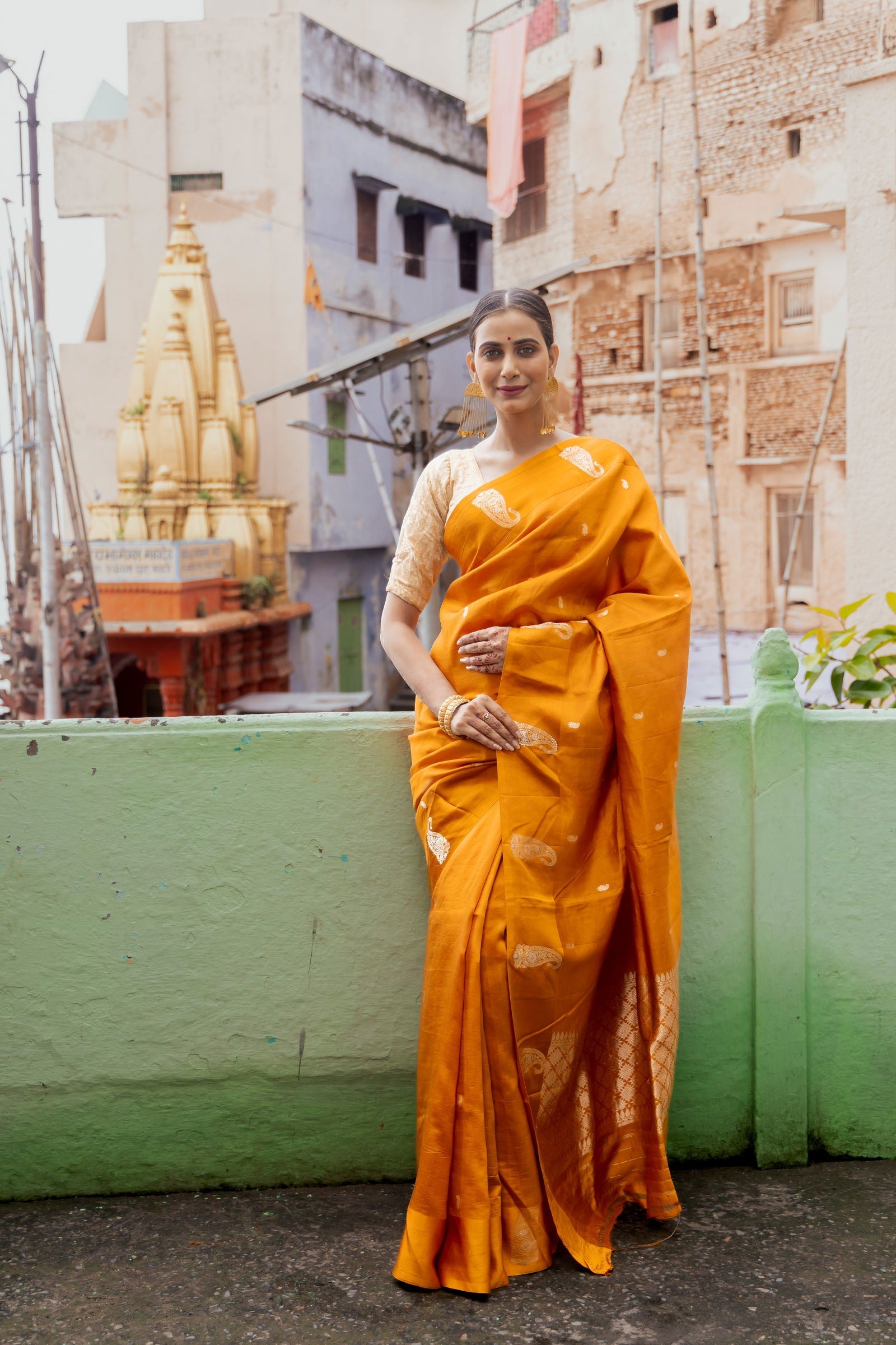 Handloom saffron Yellow Pure Katan Silk Banarsi Saree - Mayrake