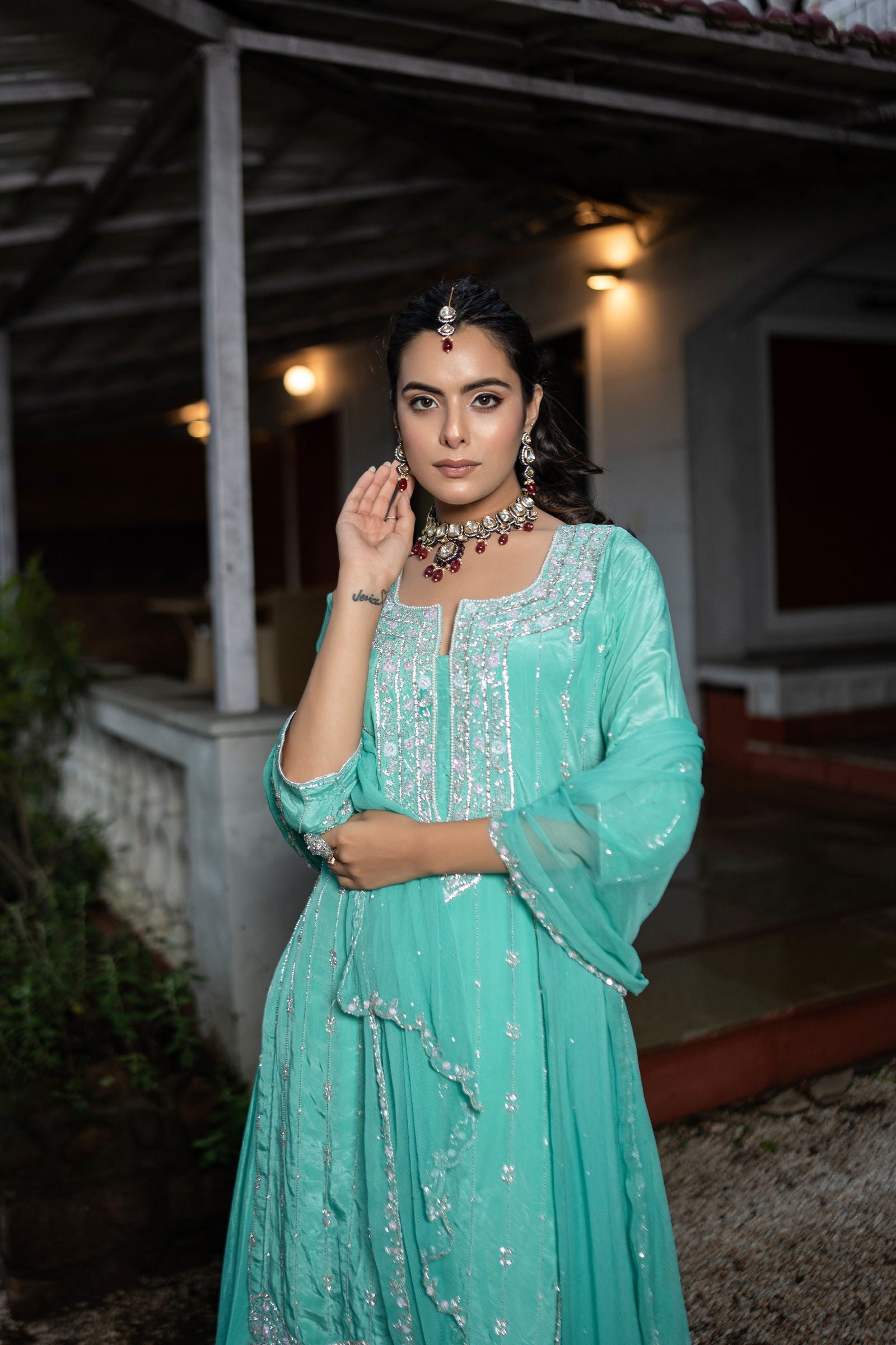 Handwork-Embroidered Sea Green Crepe Silk Suit with Palazzo Pants and Dupatta - Mayrake