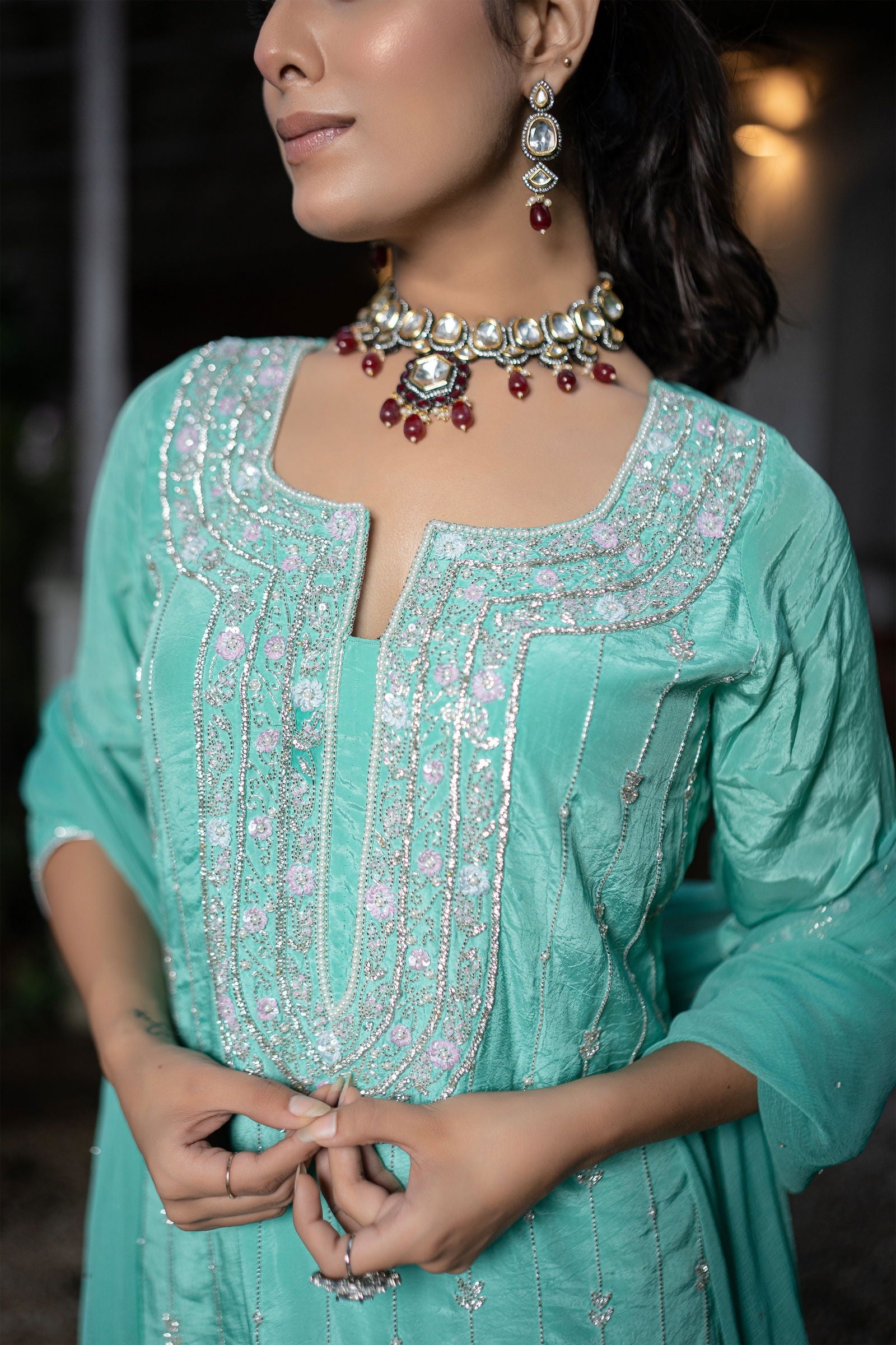 Handwork-Embroidered Sea Green Crepe Silk Suit with Palazzo Pants and Dupatta - Mayrake