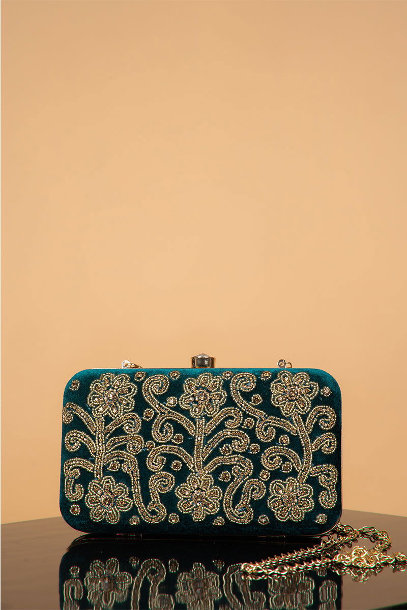 Handwork Green Pearl Zardosi Work Clutch with Handle and Velvet Base - Mayrake