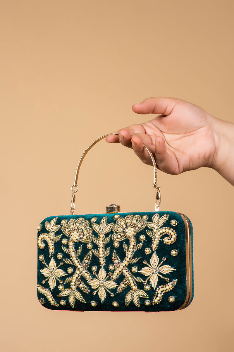 Handwork Green Pearl Zardosi Work Clutch with Handle and Velvet Base - Mayrake.in