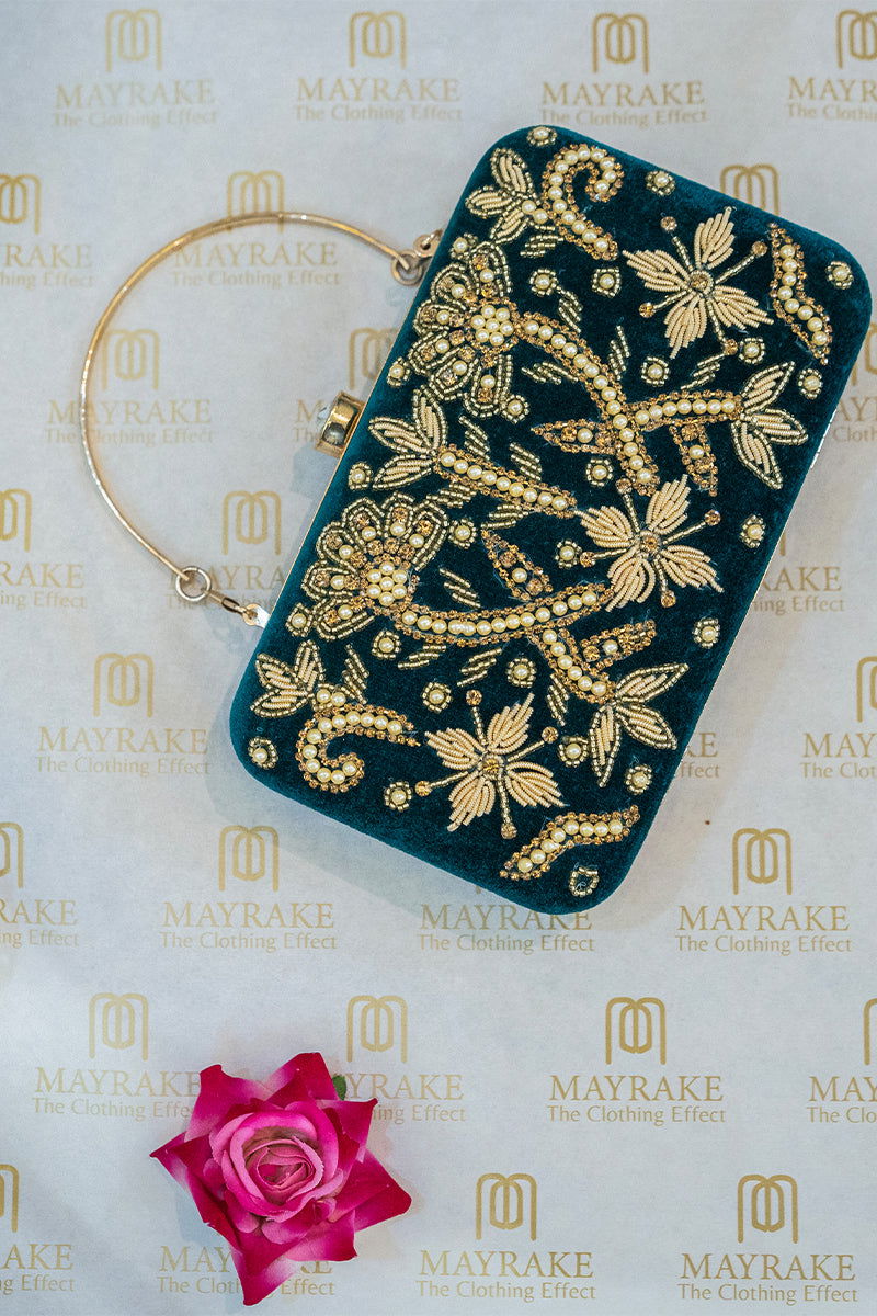 Handwork Green Pearl Zardosi Work Clutch with Handle and Velvet Base - Mayrake.in