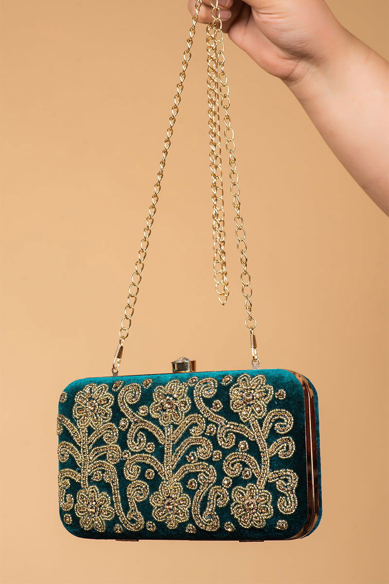 Handwork Green Pearl Zardozi Work Clutch with Handle and Velvet Base - Mayrake.in