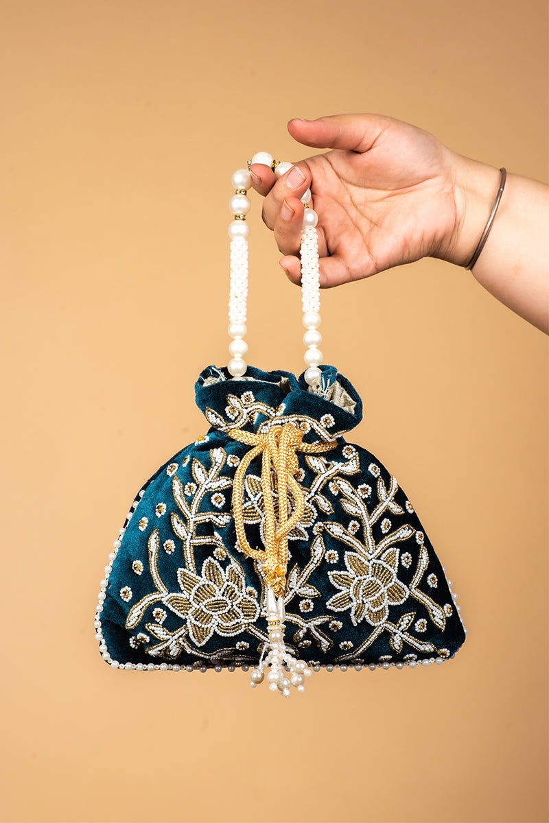 Handwork Green Pearl and Bead Potli with Pearl Handle and Velvet Base - Mayrake.in