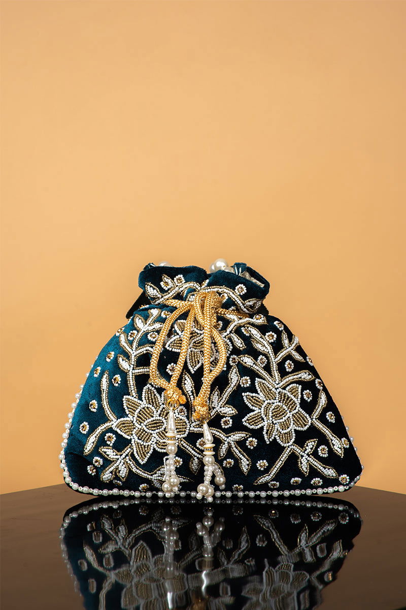 Handwork Green Pearl and Bead Potli with Pearl Handle and Velvet Base - Mayrake.in