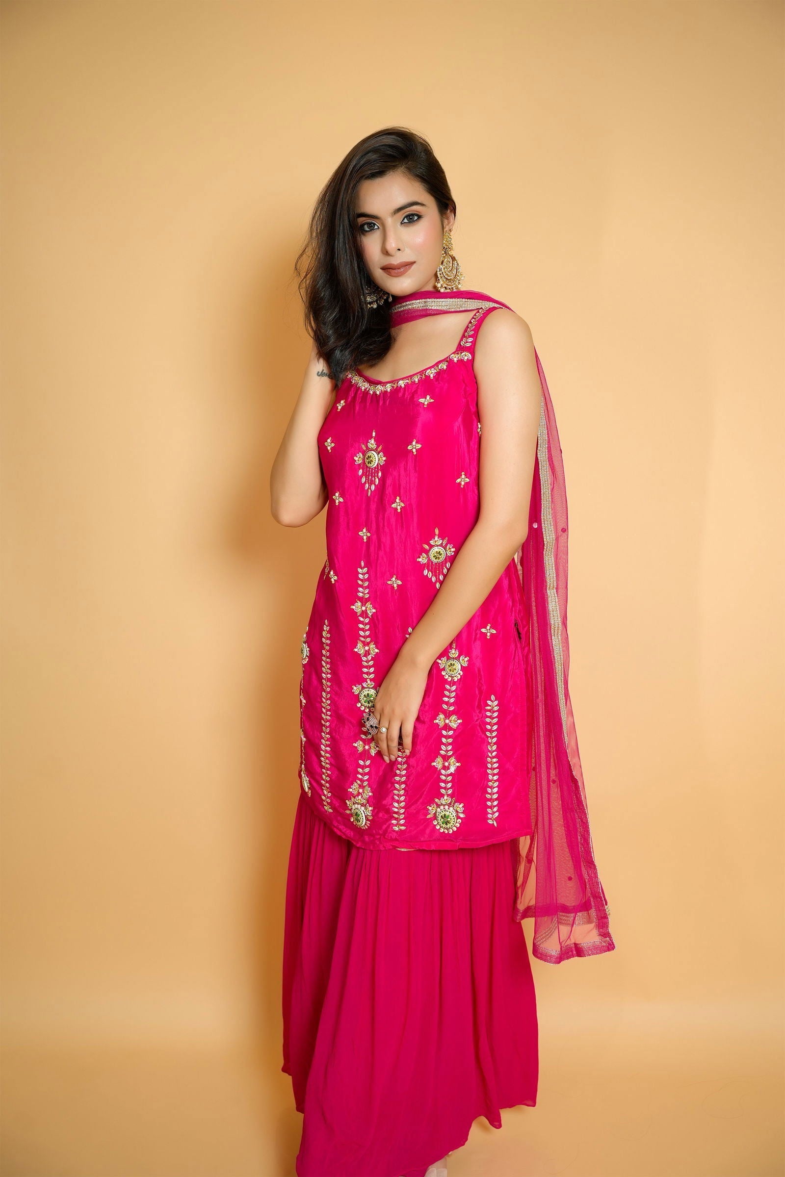 Handwork Hot Pink Crepe Garara Silk Suit - Mayrake.in