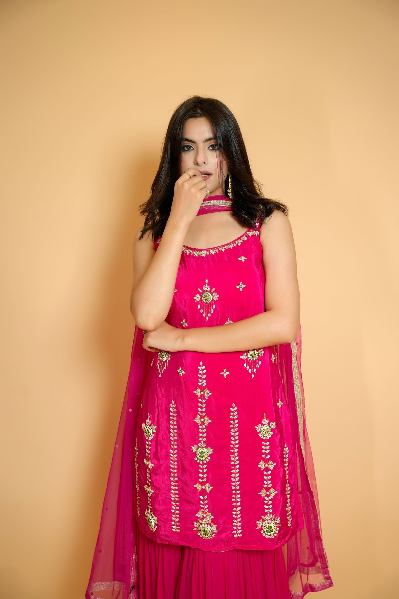 Handwork Hot Pink Crepe Silk Suit with Garara and Dupatta - Mayrake