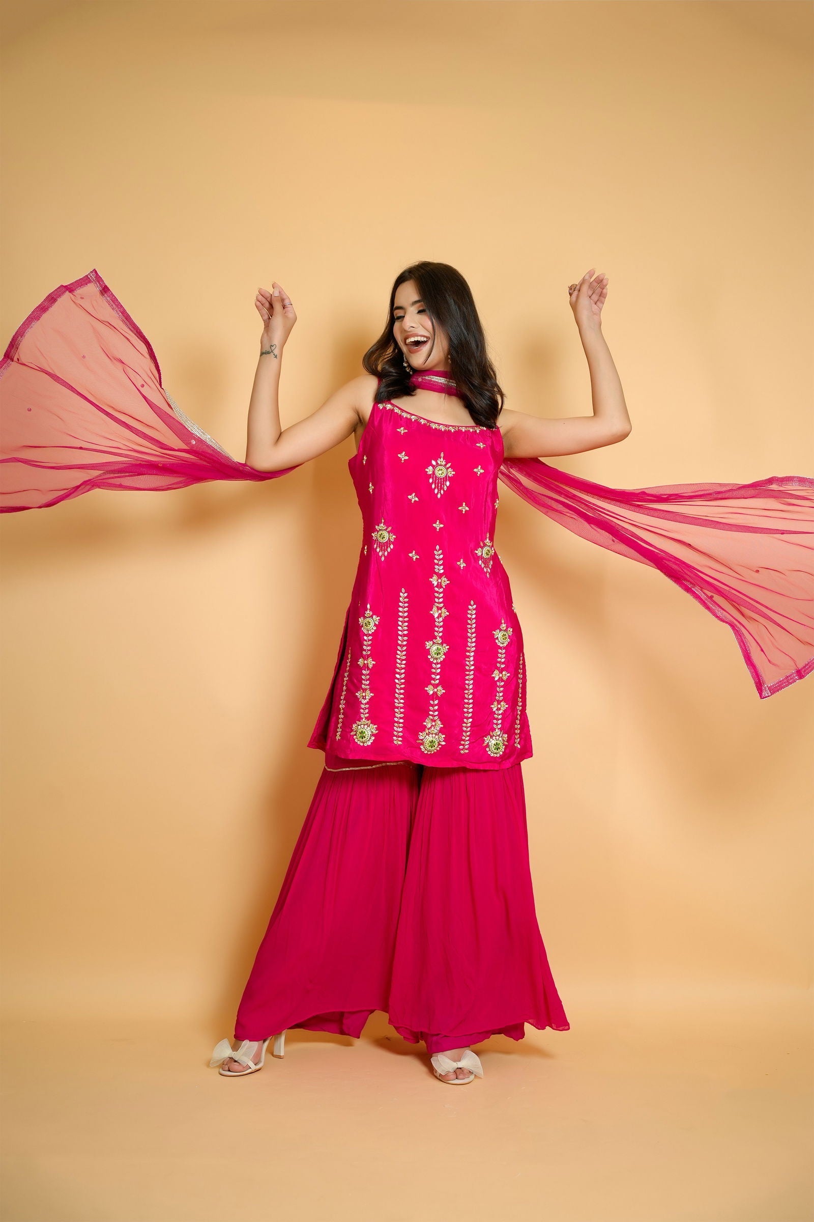 Handwork Hot Pink Crepe Silk Suit with Garara and Dupatta - Mayrake