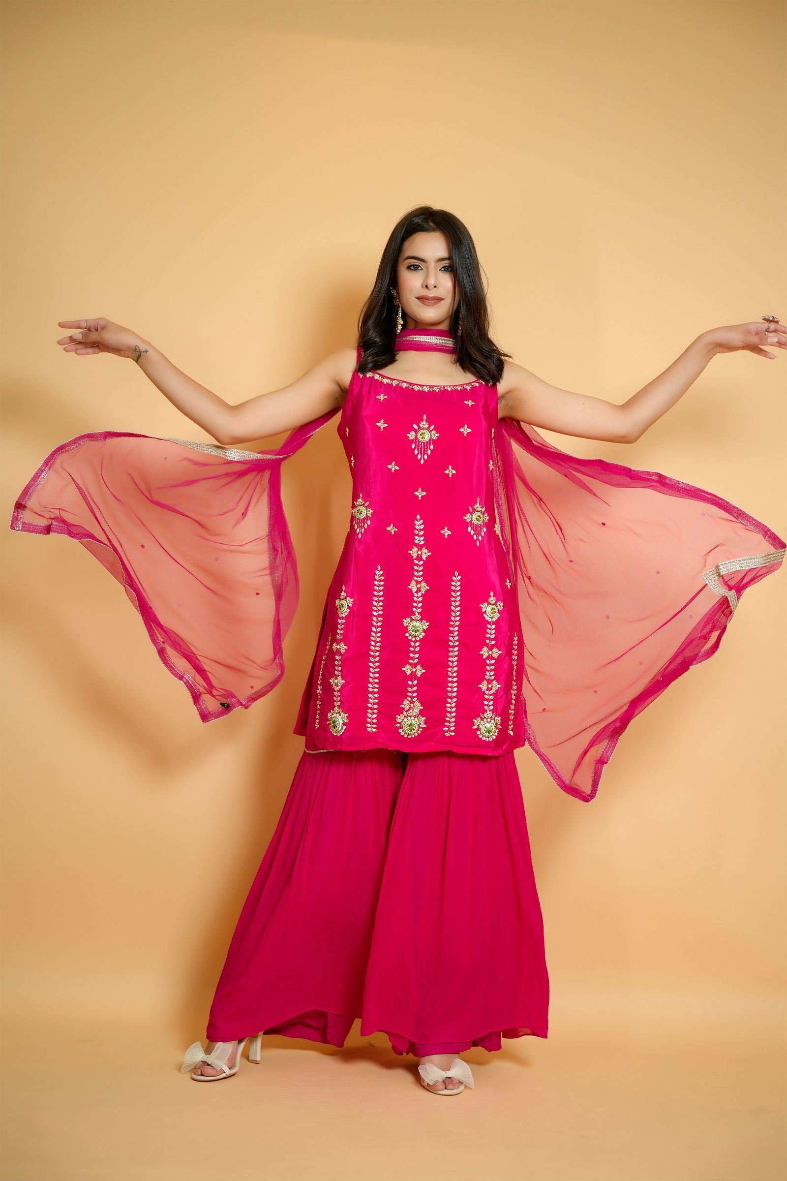 Handwork Hot Pink Crepe Silk Suit with Garara and Dupatta - Mayrake