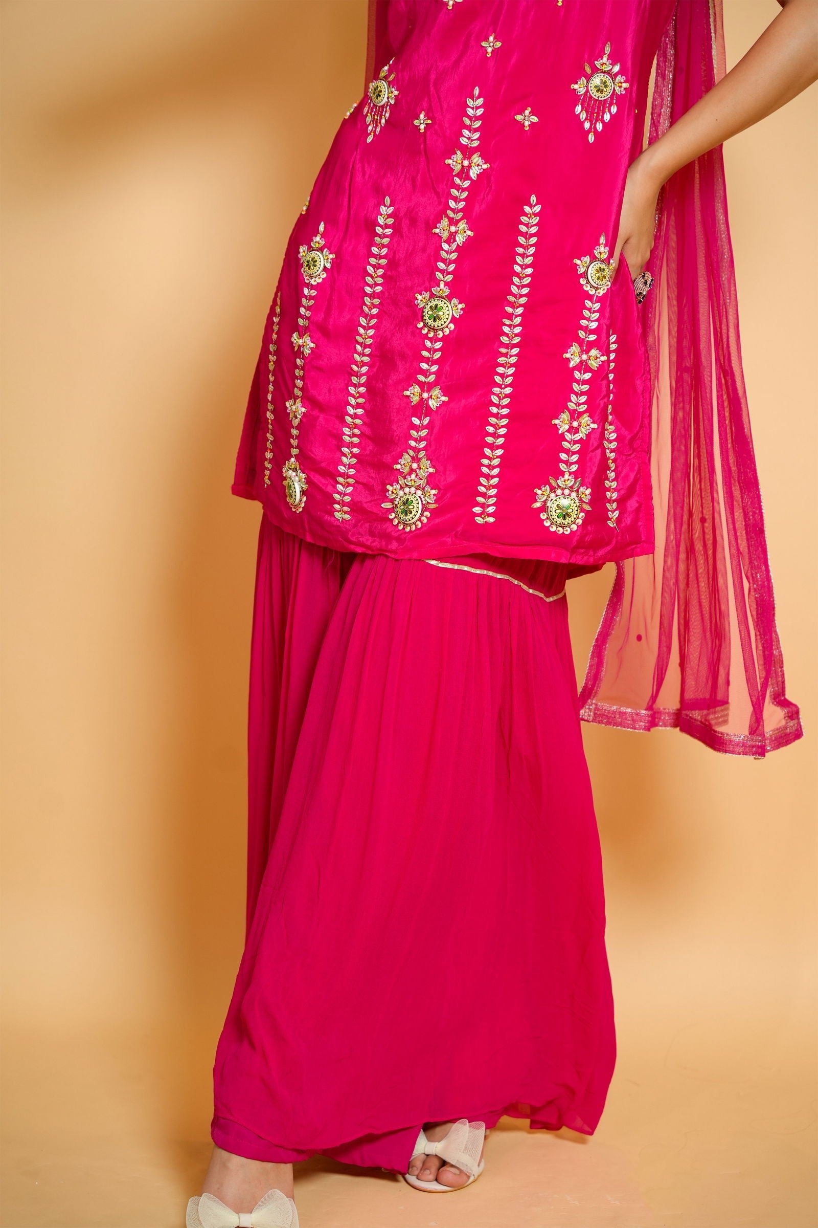 Handwork Hot Pink Crepe Silk Suit with Garara and Dupatta - Mayrake