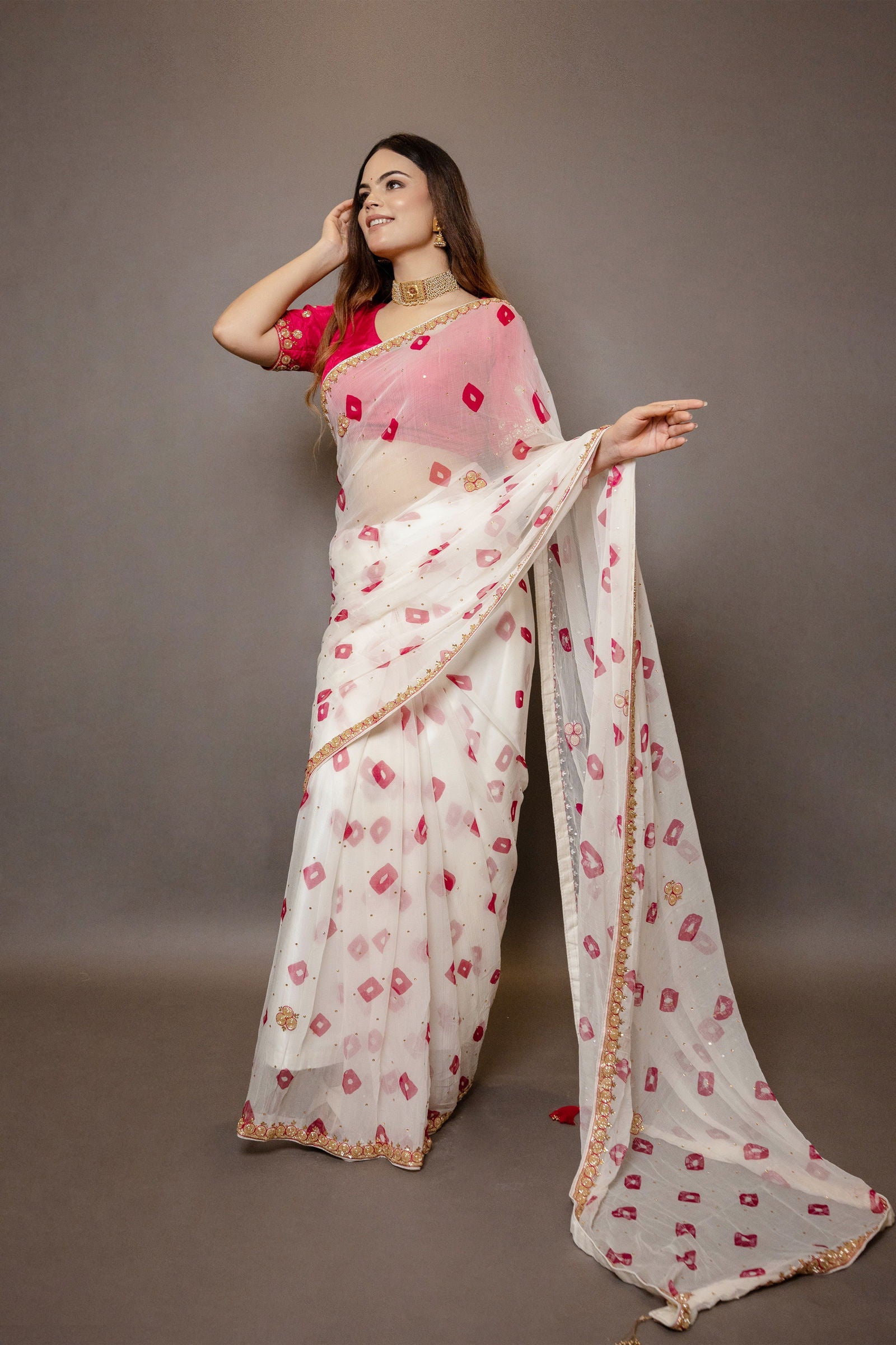 Handwork Ivory Cream and Pink Chiffon Saree with Butti Print and Sequin Embroidery with Stitched Designer Blouse - Mayrake