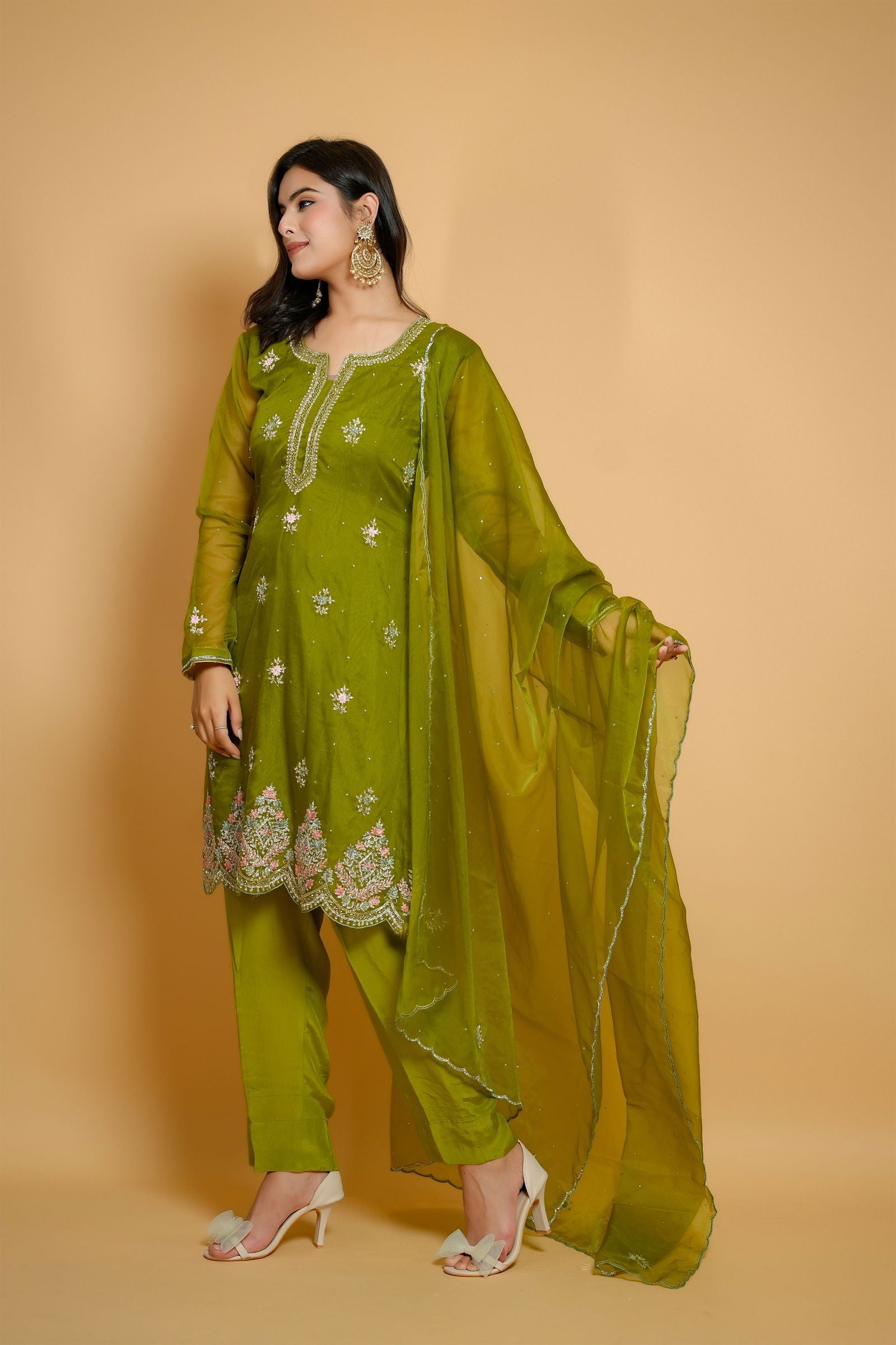 Handwork Lime Green Multi-Thread Stone Work Organza Suit with Solid Pant and Dupatta - Mayrake