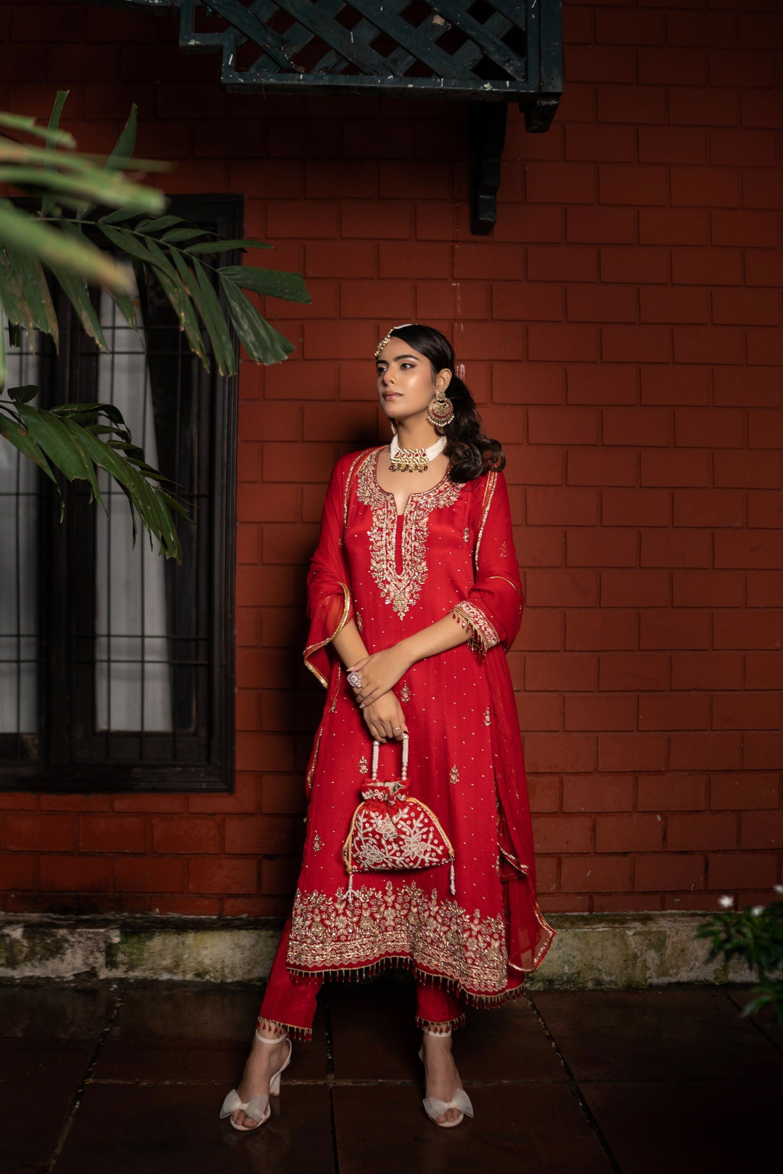 Handwork Red Heavy Zardosi Pearl Suit with Solid Pants and Dupatta - Mayrake