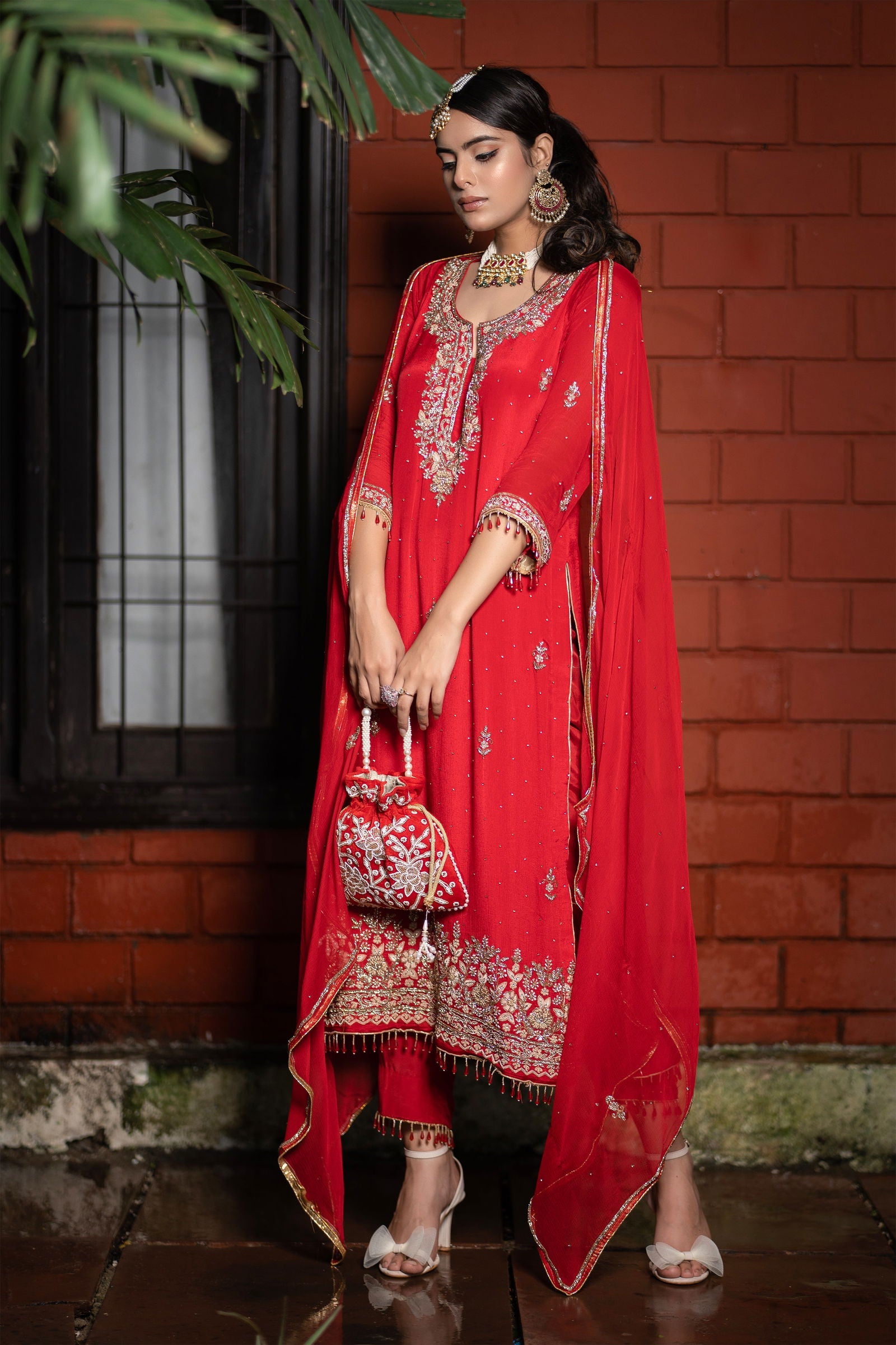 Handwork Red Heavy Zardosi Pearl Suit with Solid Pants and Dupatta - Mayrake