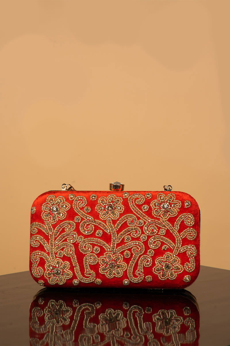 Handwork Red Pearl Zardosi Work Clutch with Handle and Velvet Base - Mayrake