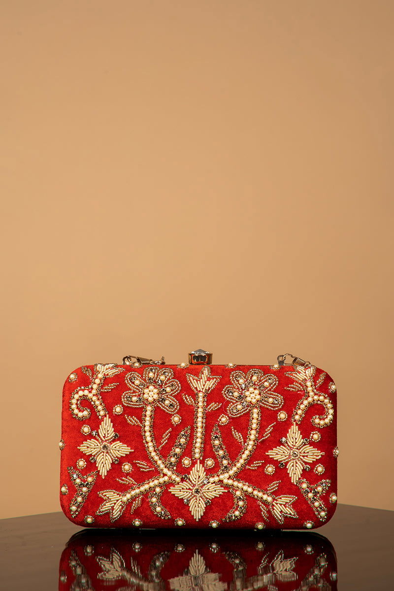 Handwork Red Pearl Zardosi Work Clutch with Handle and Velvet Base - Mayrake.in