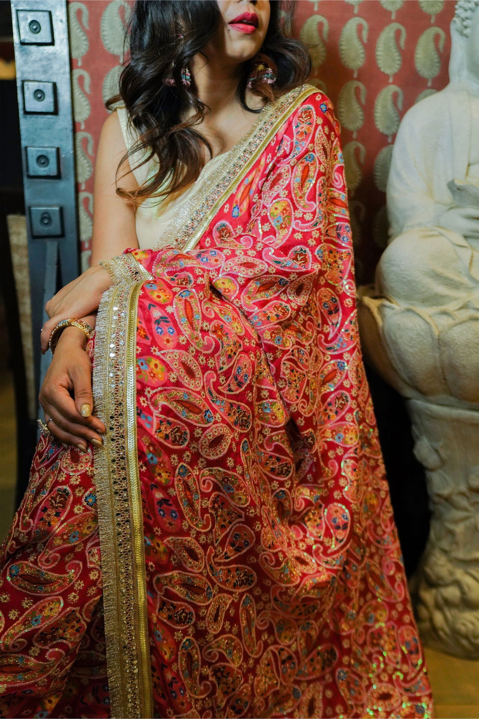 Hot Pink Chiffon Saree With Zari Embroidery - Mayrake.in