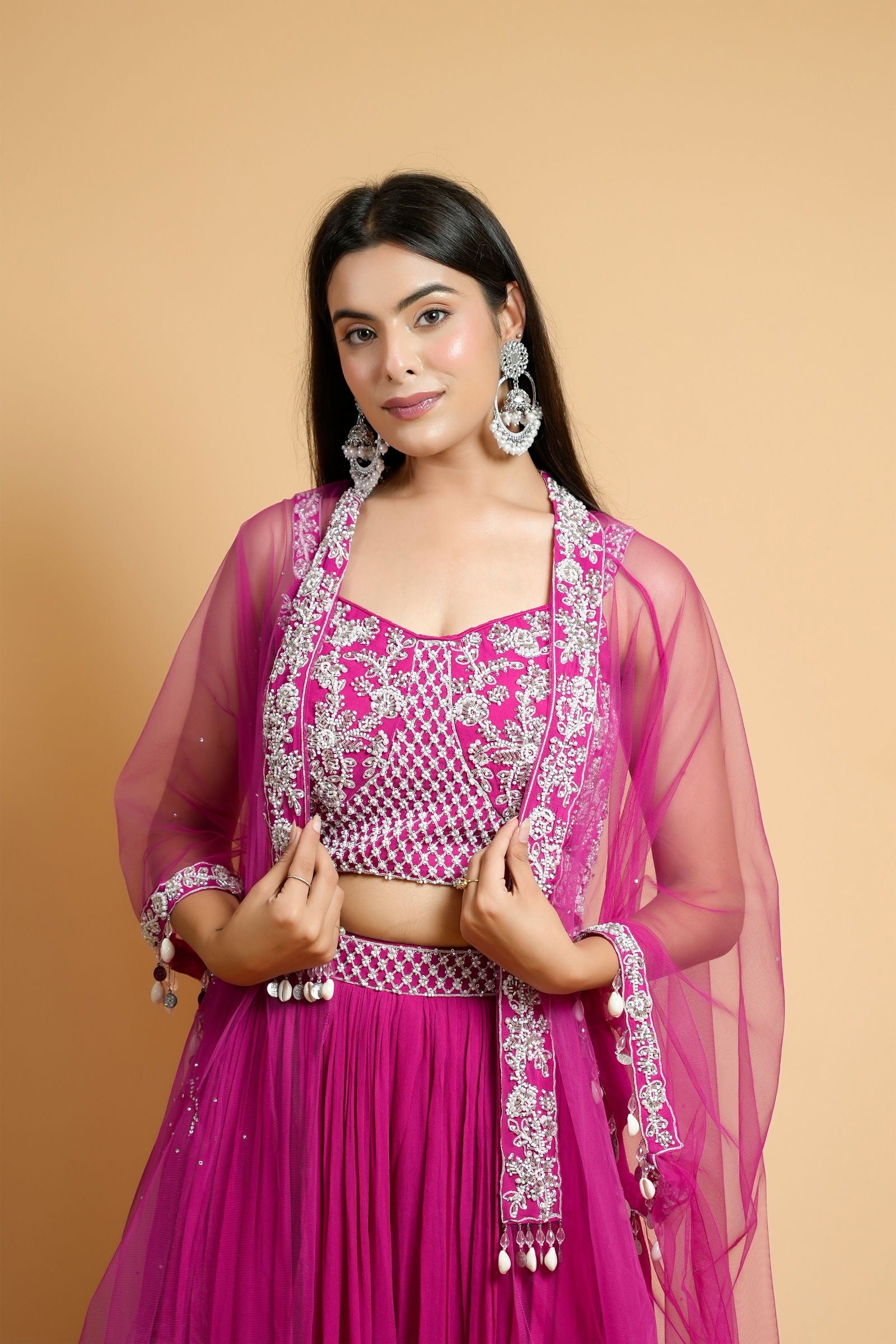 Hot Pink Georgette Crop Top with Belted Palazzo Pants and Net Shrug - Mayrake