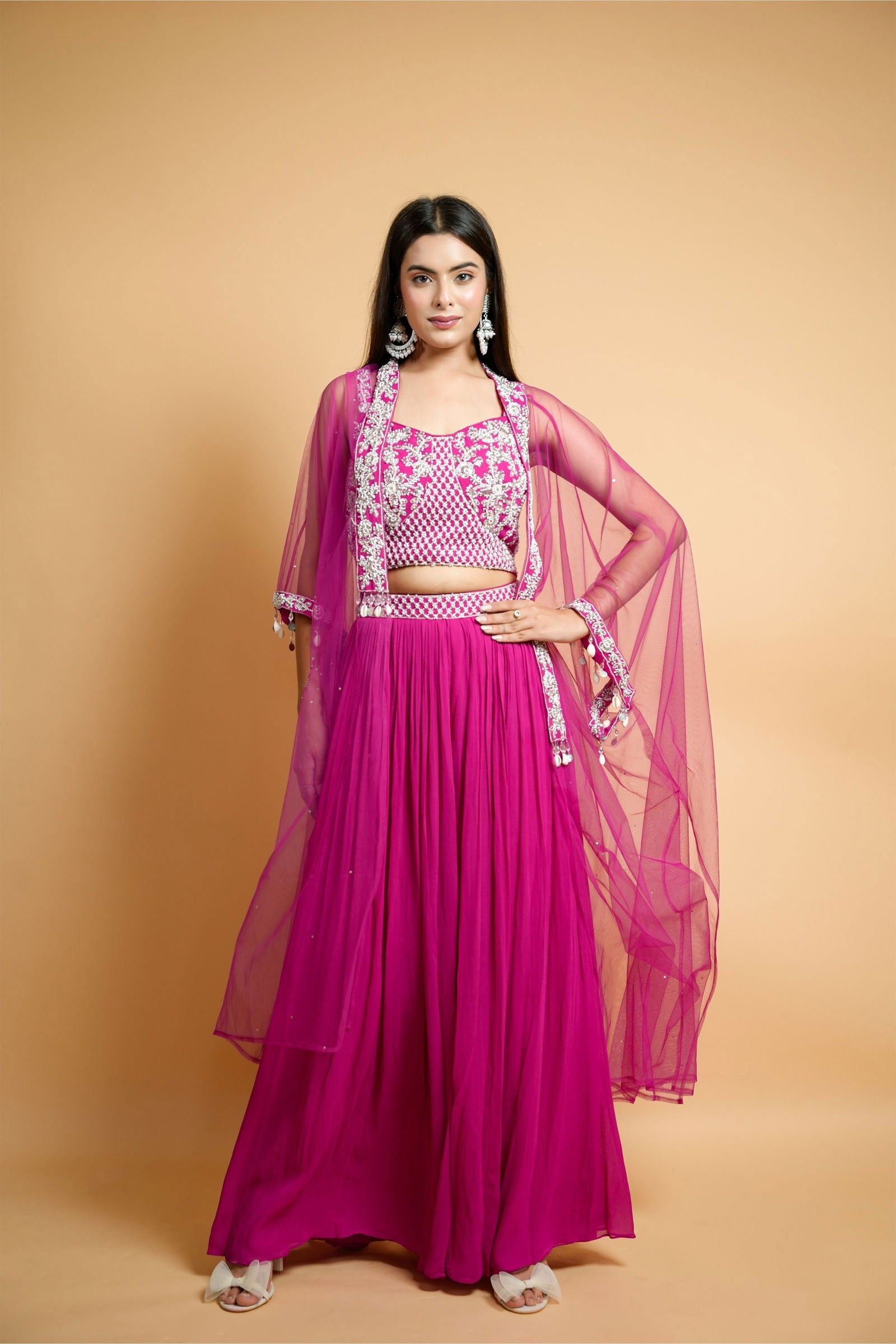 Hot Pink Georgette Crop Top with Belted Palazzo Pants and Net Shrug - Mayrake.in