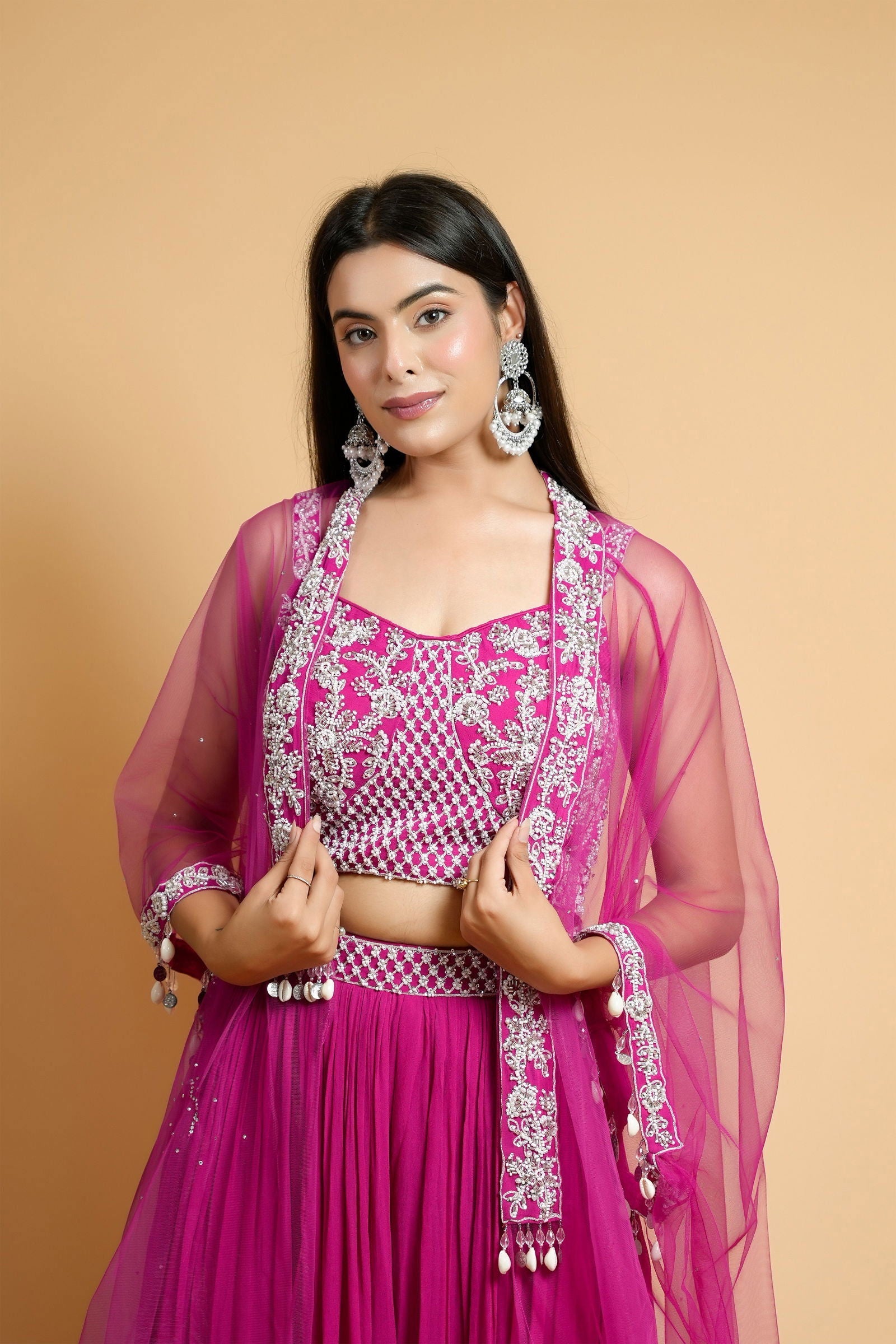 Hot Pink Georgette Crop Top with Belted Palazzo Pants and Net Shrug - Mayrake.in