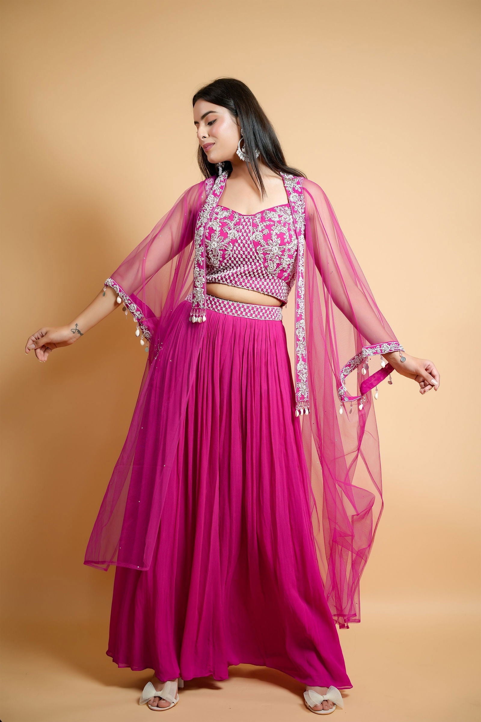 Hot Pink Georgette Crop Top with Belted Palazzo Pants and Net Shrug - Mayrake.in