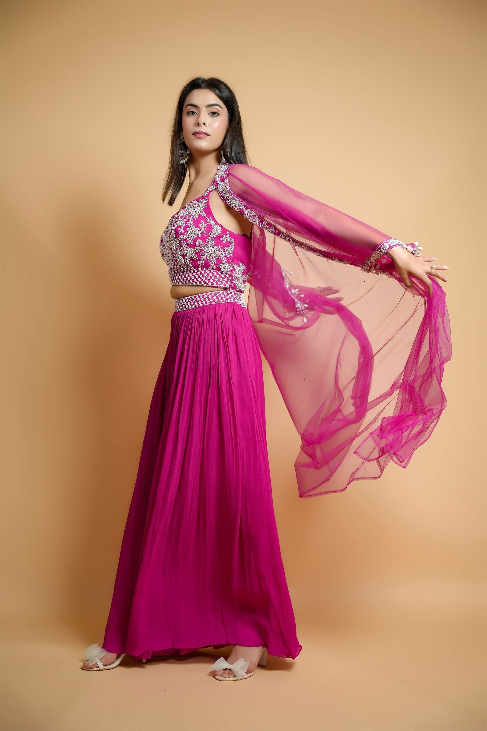Hot Pink Georgette Crop Top with Belted Palazzo Pants and Net Shrug - Mayrake.in