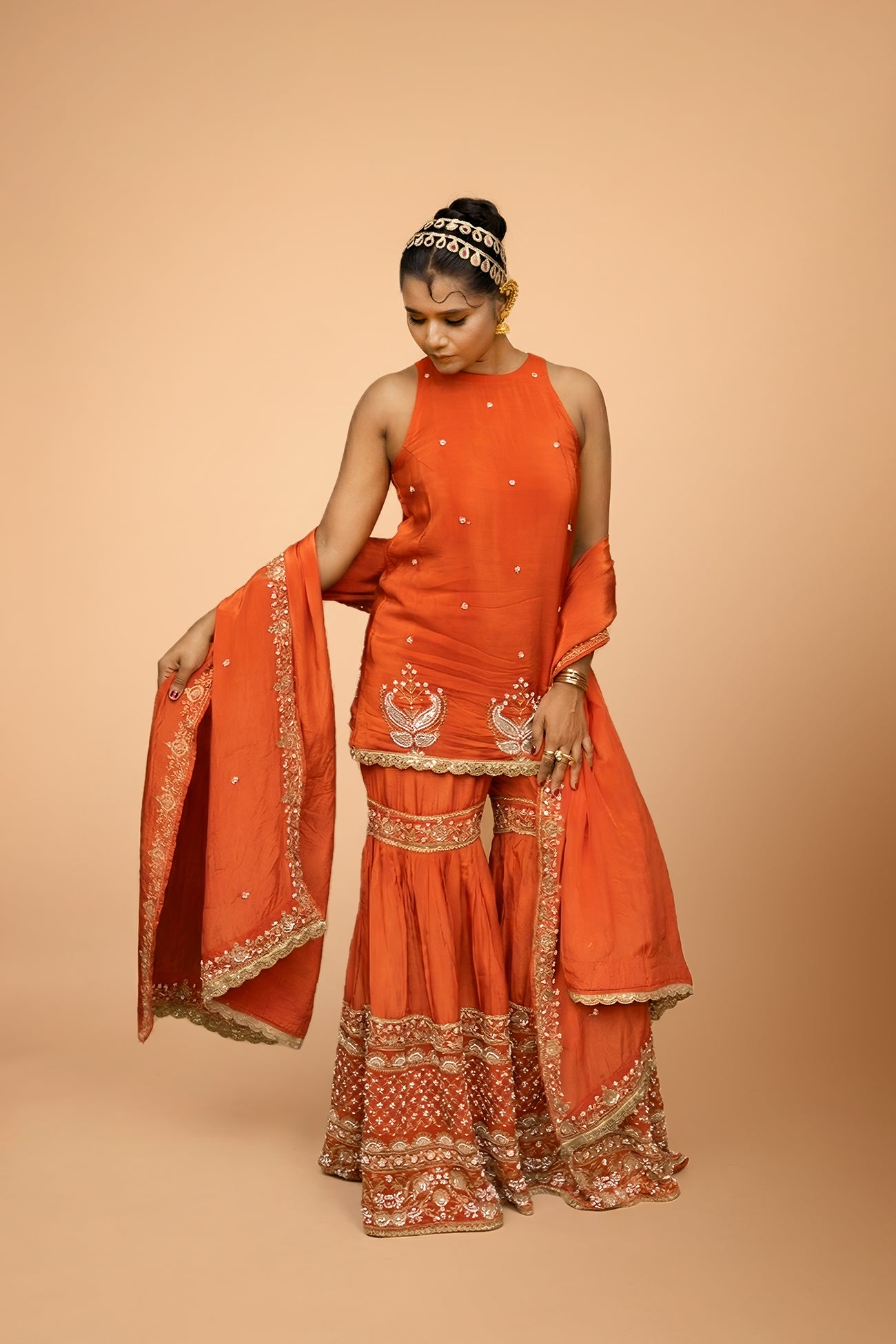 Orange Crepe Silk Sleeveless Suit with Gharara & Dupatta