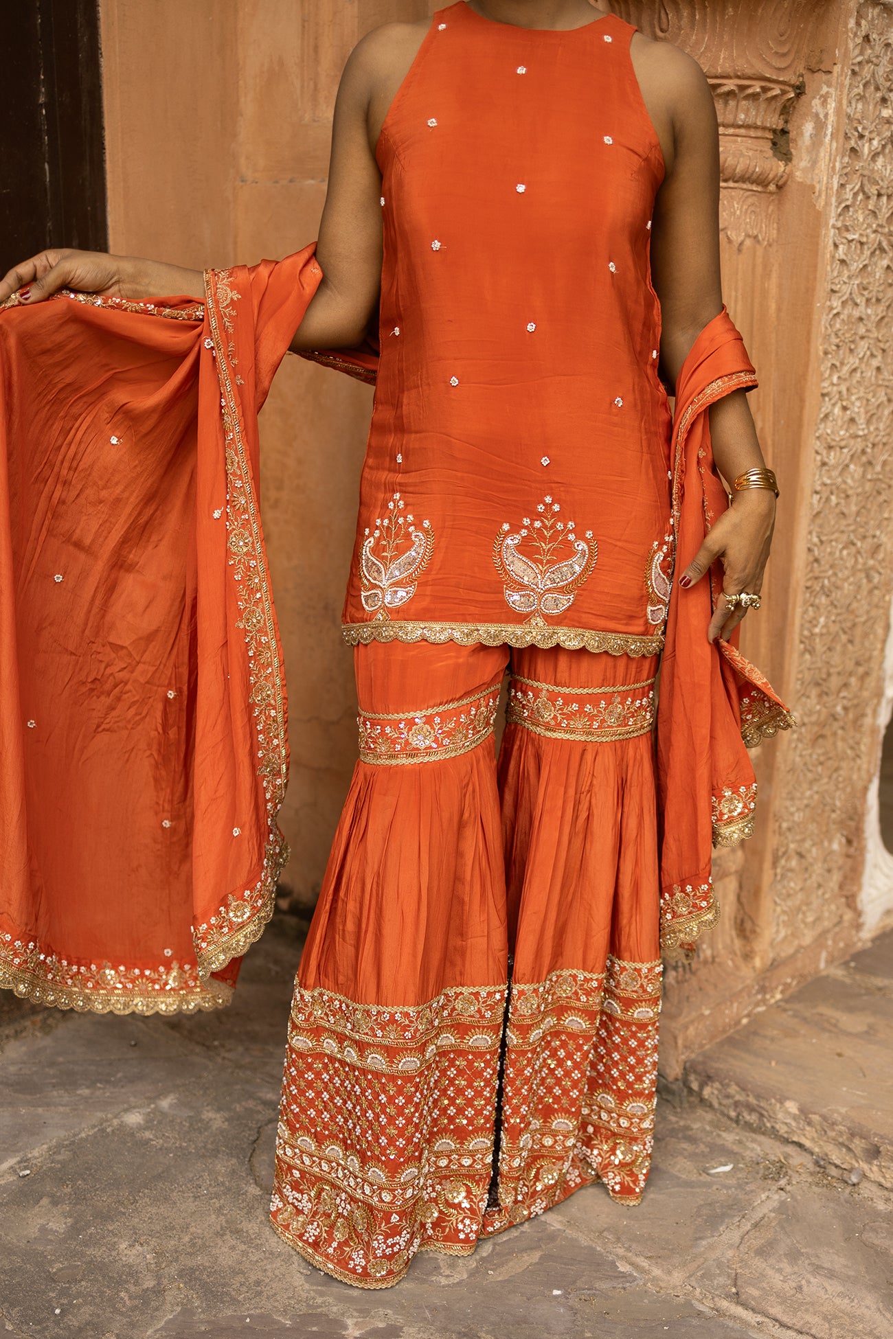 Orange Crepe Silk Sleeveless Suit with Gharara & Dupatta