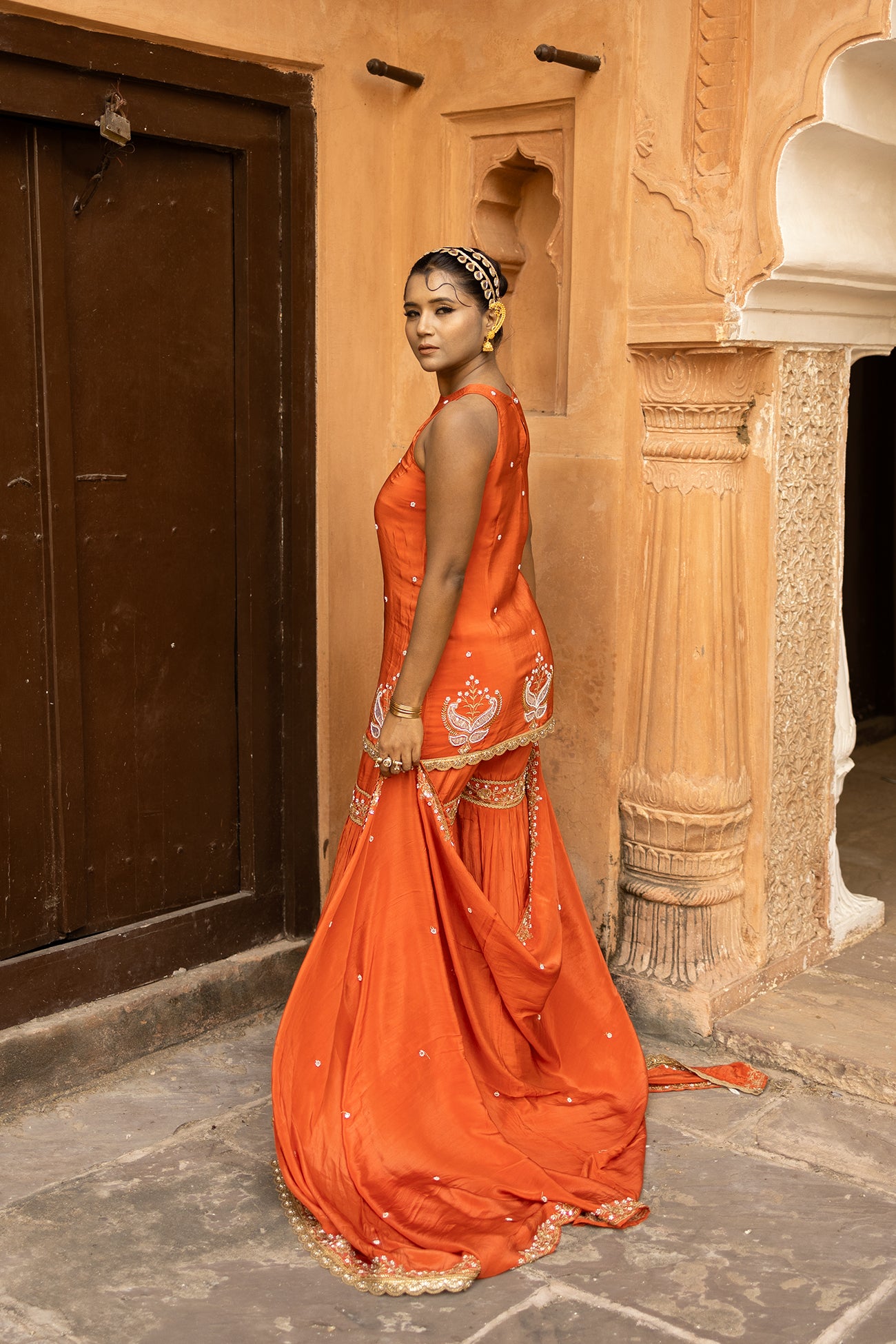 Orange Crepe Silk Sleeveless Suit with Gharara & Dupatta