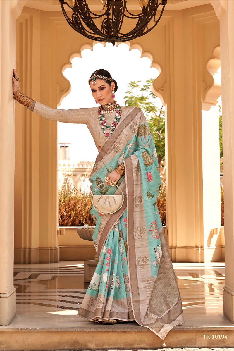 Ice Blue Raw Silk Saree with Plain Printed Bengal Design - Mayrake.in