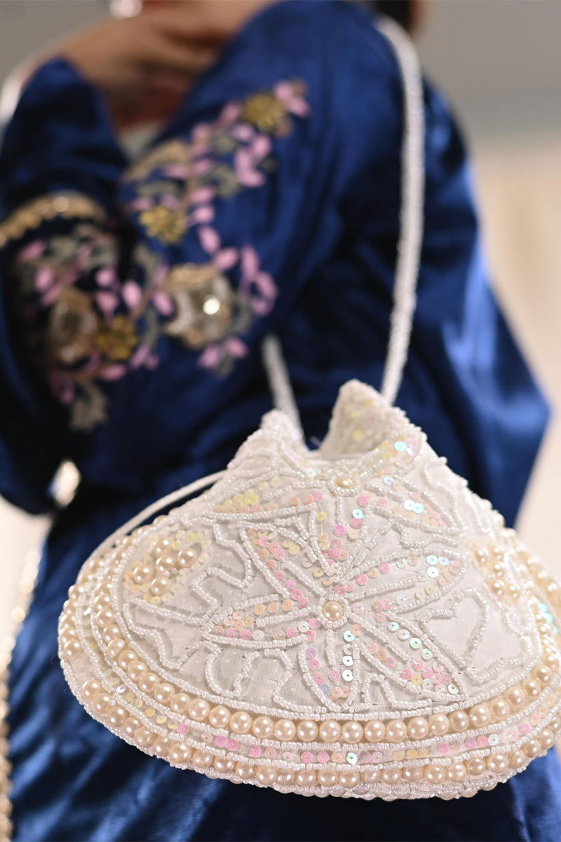 Ivory Cream Potli with Handmade Pearl and Sequin Design - Mayrake.in