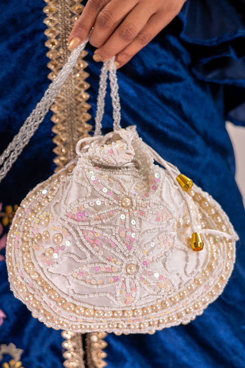 Ivory Cream Potli with Handmade Pearl and Sequin Design - Mayrake.in