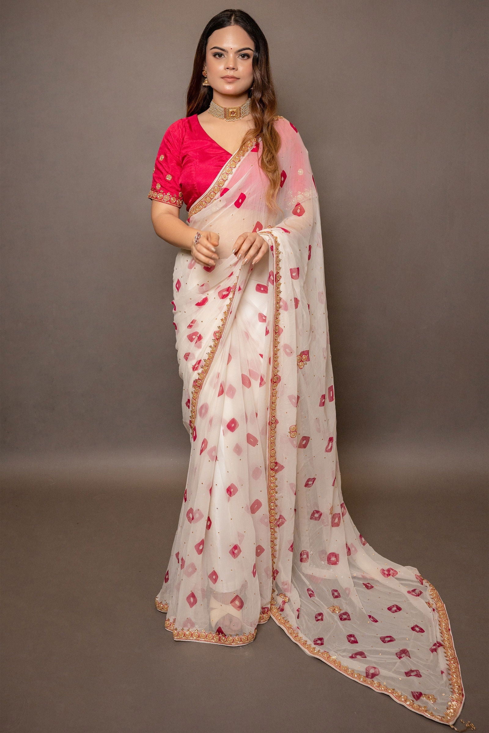 Ivory Cream and Pink Chiffon Saree with Sequin Handwork with Stiched Blouse - Mayrake.in